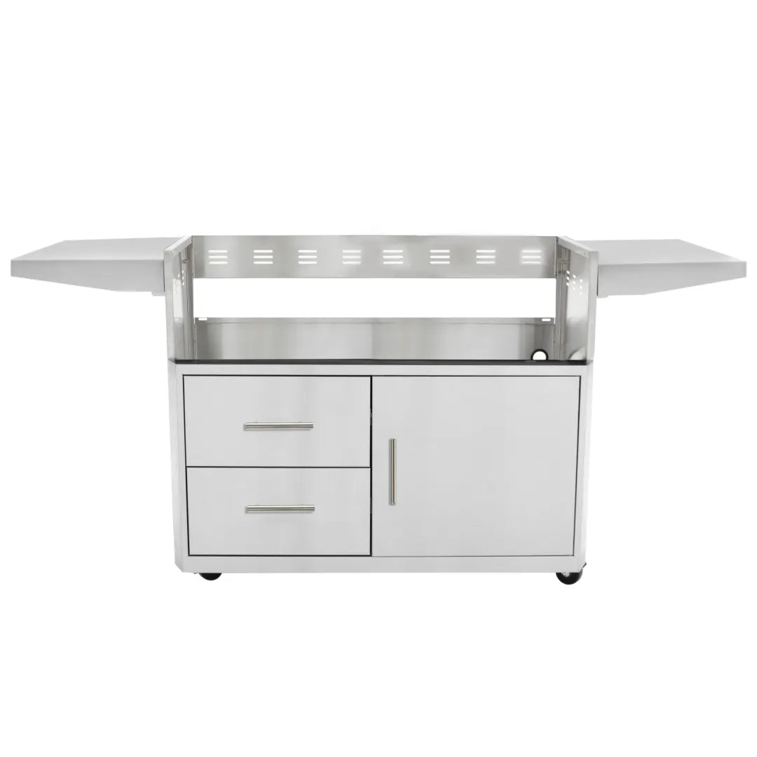 Stainless steel 3-burner grill cart with side shelves, drawers, and cabinet door