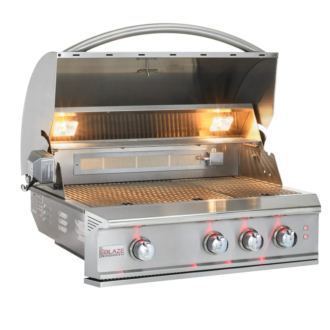 Open stainless steel Blaze gas grill showing lit infrared rear burner and cooking grates