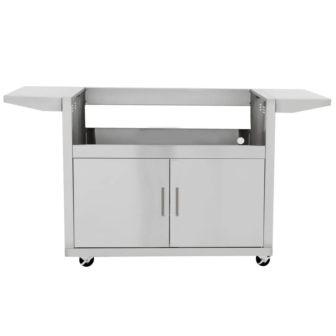 40-inch gas grill cart with gray metal cabinet, open shelf, and wheeled base