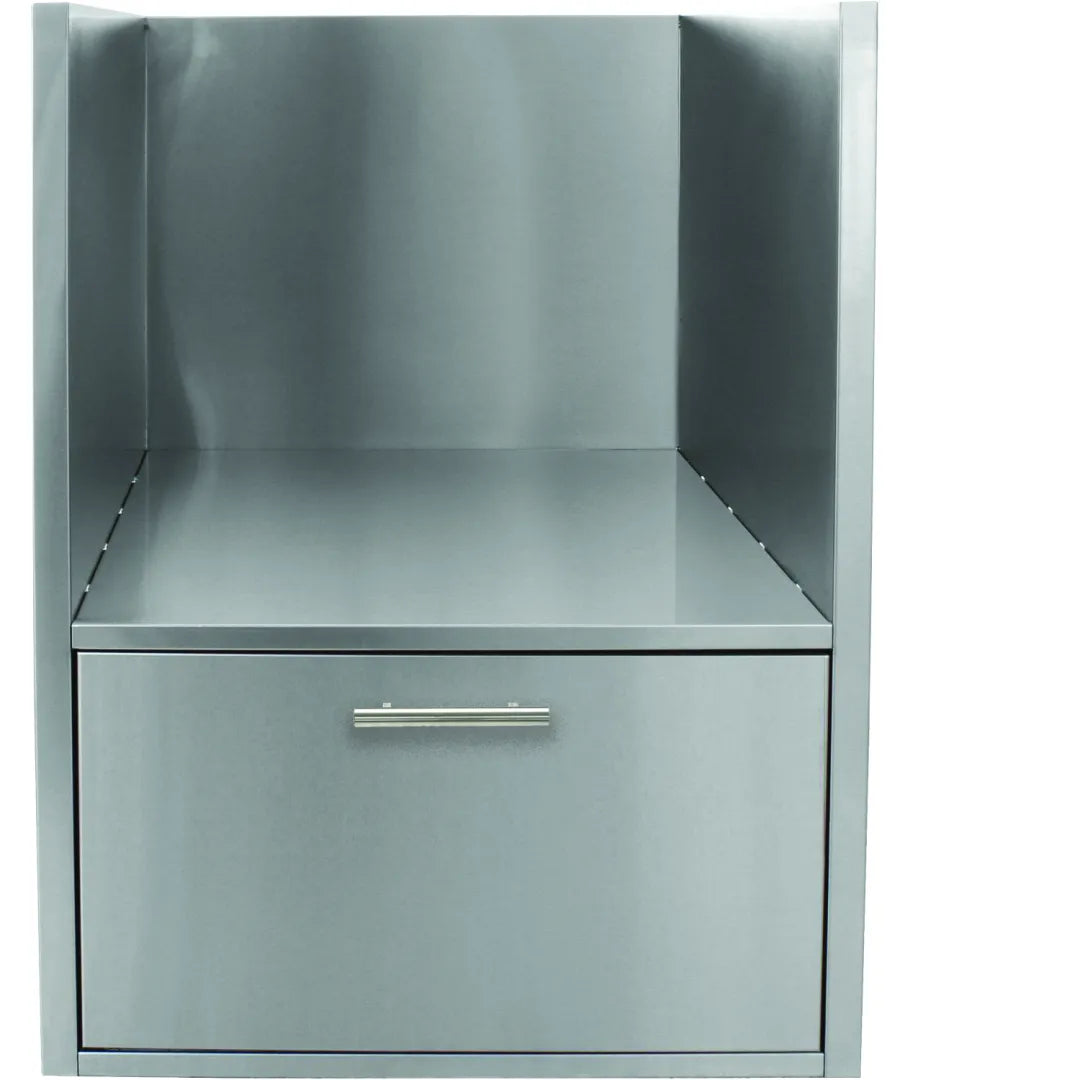 Blaze Kamado island sleeve with matching metal door and bar handle, light gray finish
