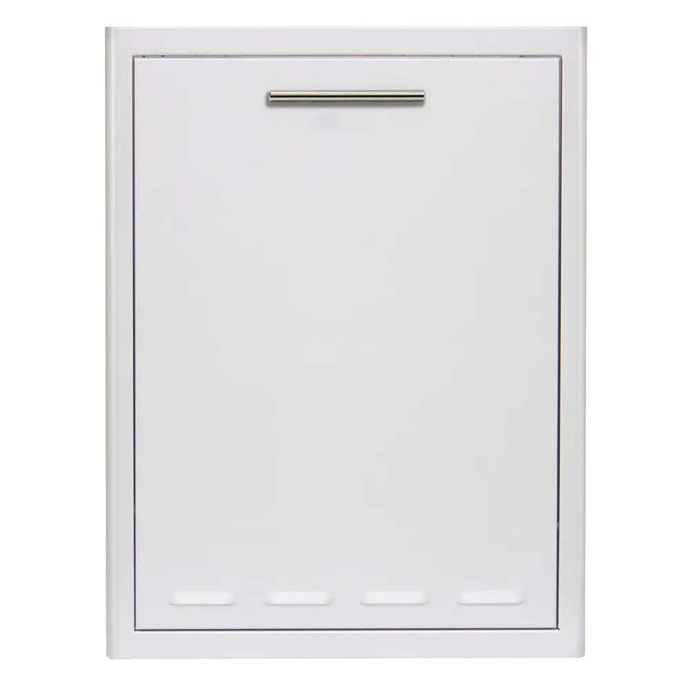 Outdoor storage drawer front panel with horizontal metal handle, white