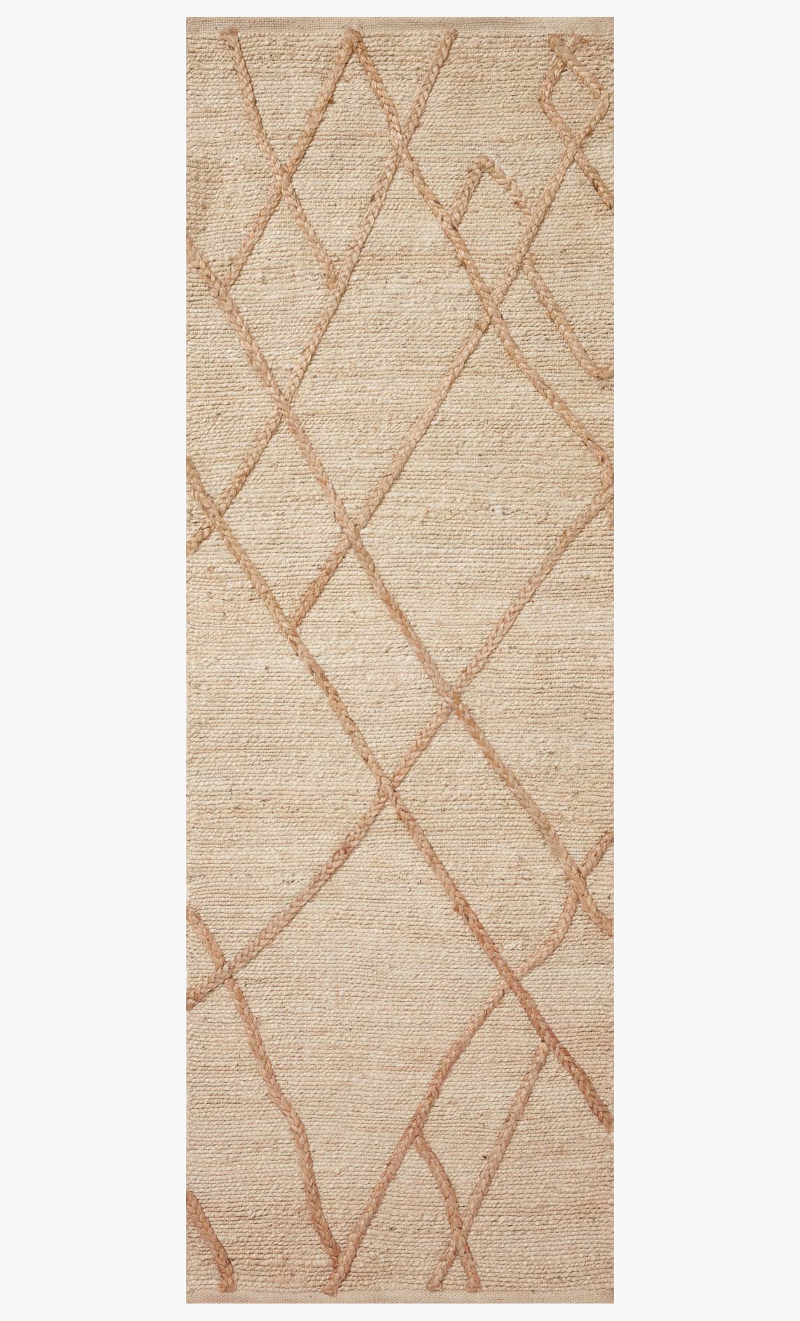Tall rectangular area rug with ivory base and tan geometric lattice pattern