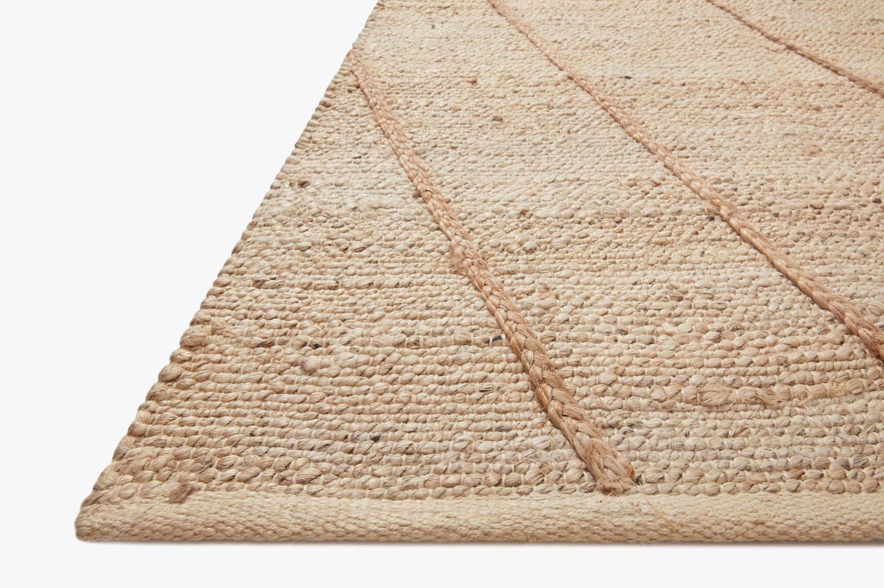 Corner view of ivory and natural textured rug with rust diamond grid lines