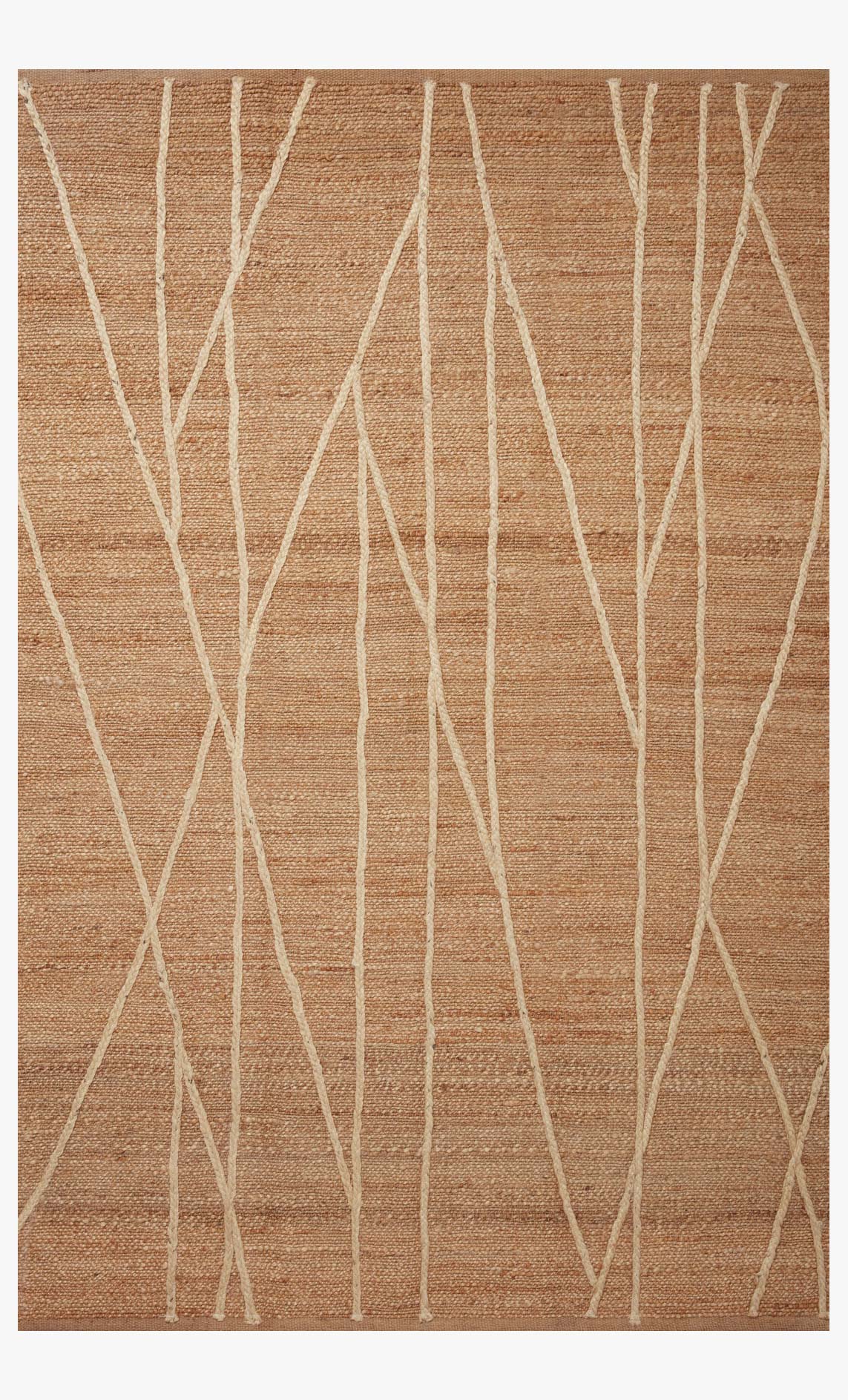 Tan hand-woven rug with ivory linear abstract pattern, flatweave texture