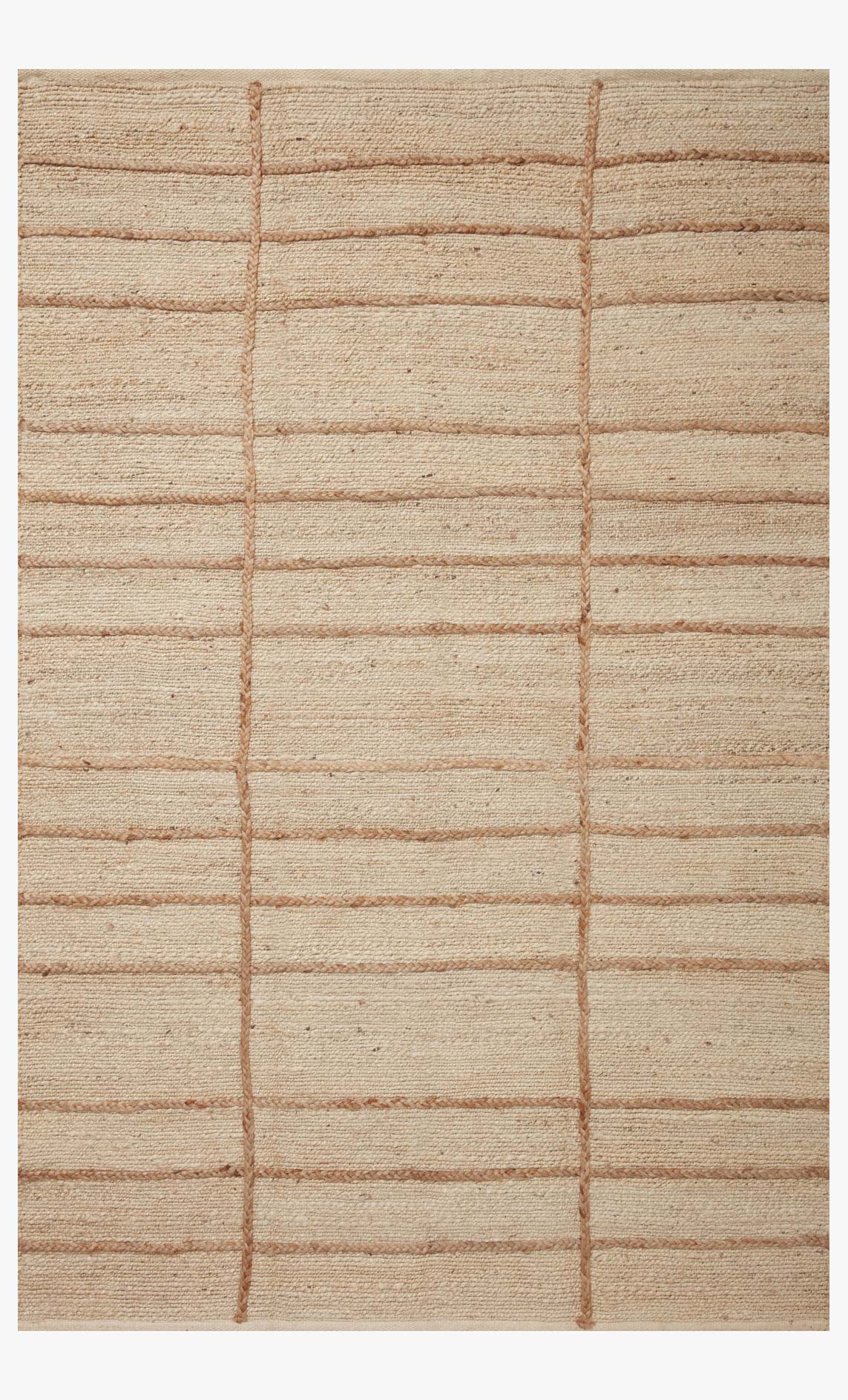 Ivory and natural hand-woven rug with light grid lines on textured pile.