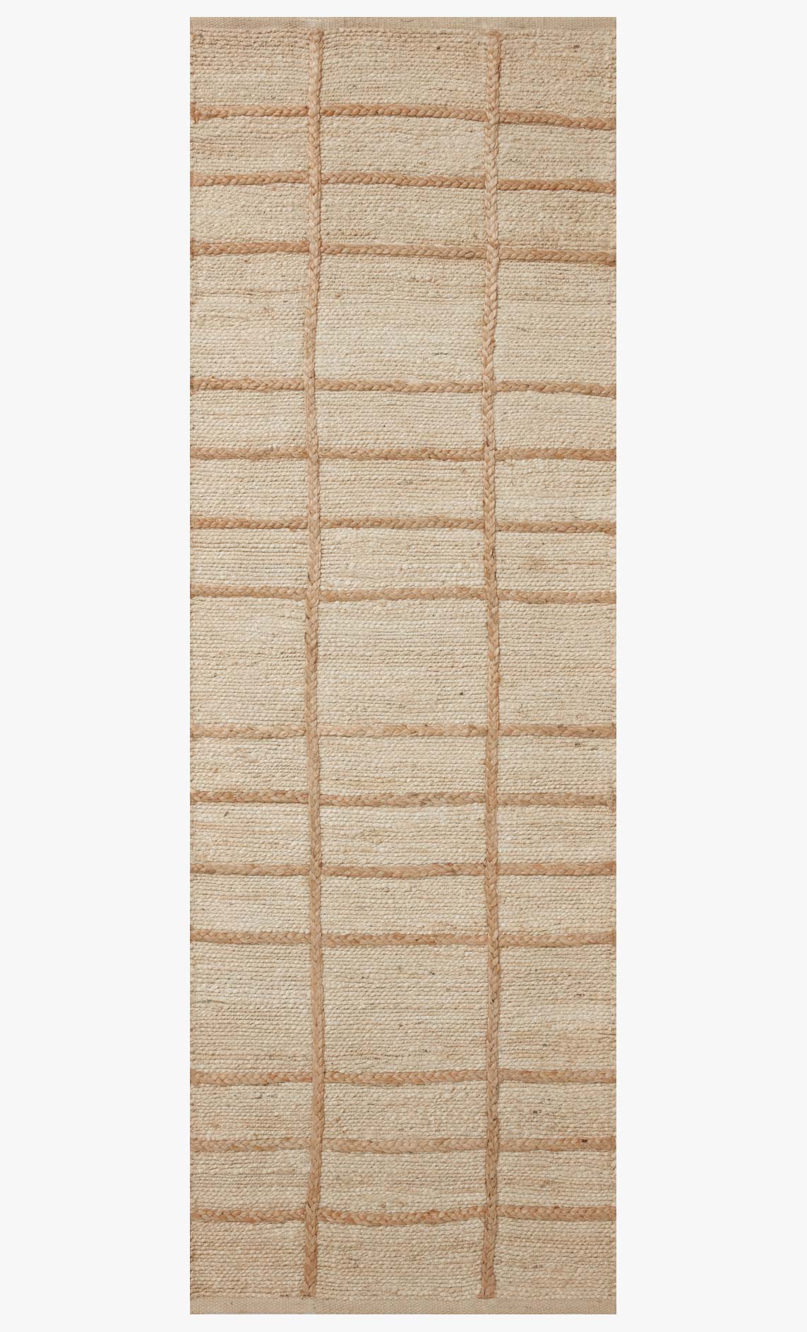 Ivory and natural hand-woven rug with thin square grid lines.