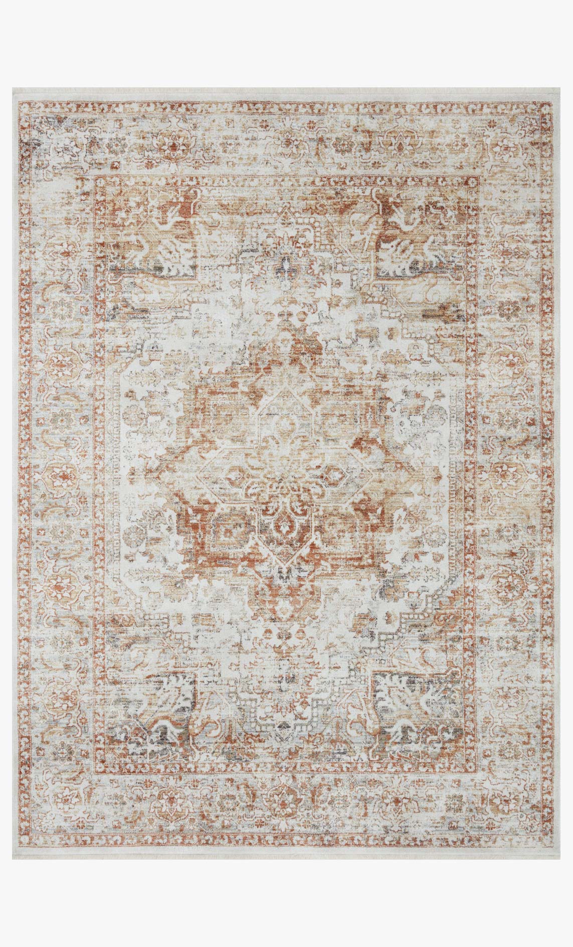 Ivory and sunset traditional area rug with ornate distressed medallion and border pattern