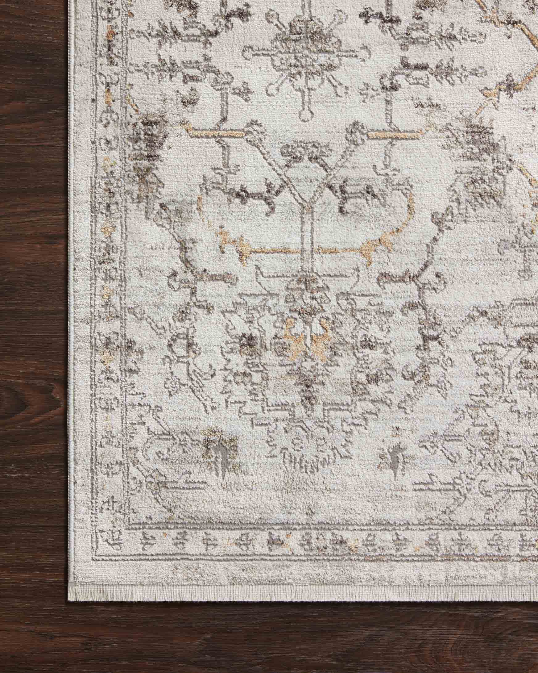Close-up of ivory and dove rug showing detailed distressed motif and border edging