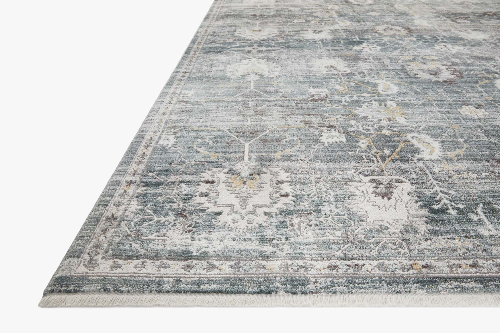 Lagoon and ivory rug with distressed geometric medallion pattern, low-pile