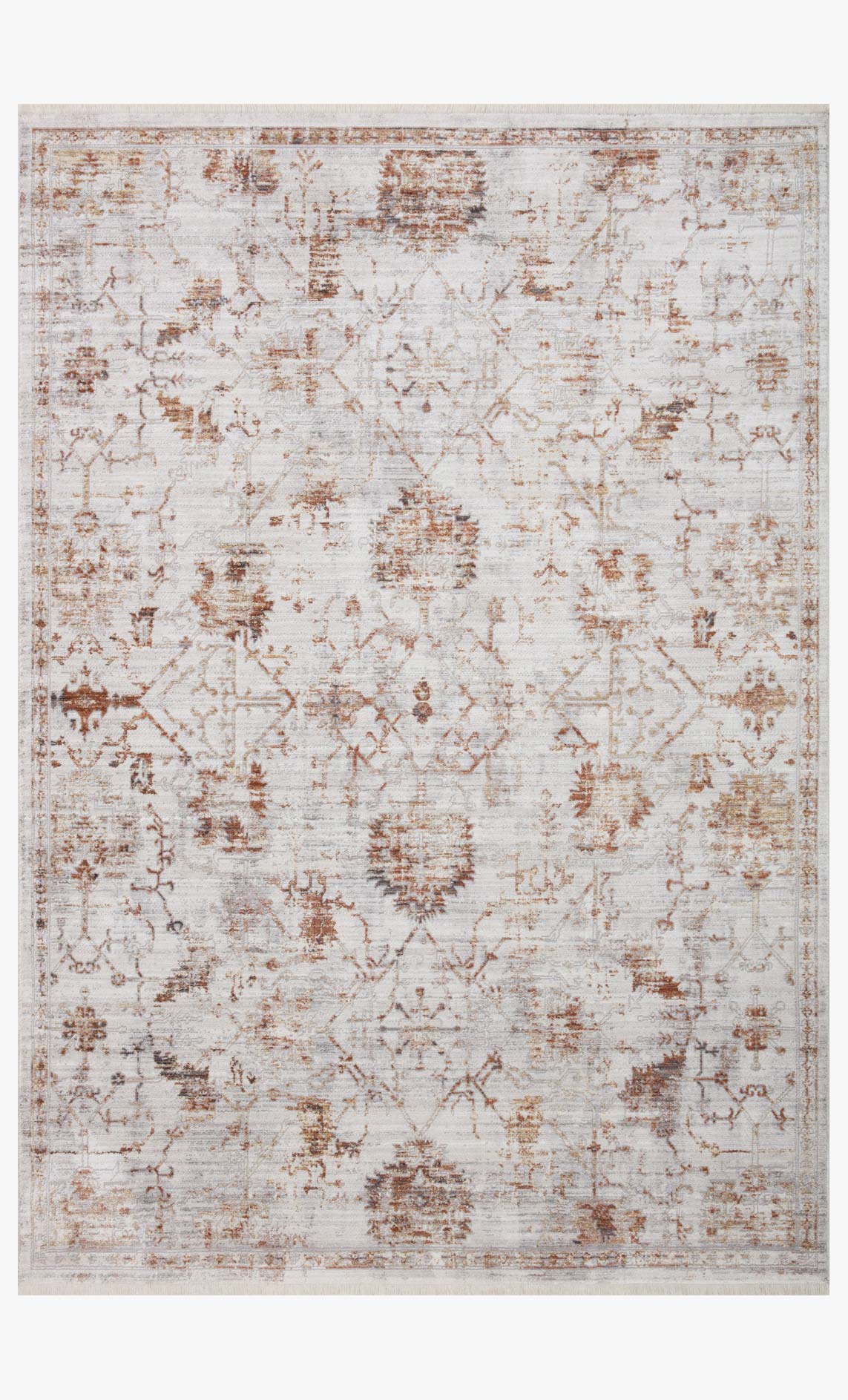 Traditional power-loomed rug with faded ivory base and rust-brown geometric medallions