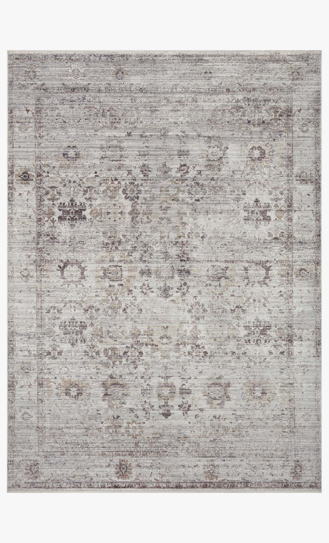 Traditional power-loomed area rug in stone and charcoal with ornate distressed motif
