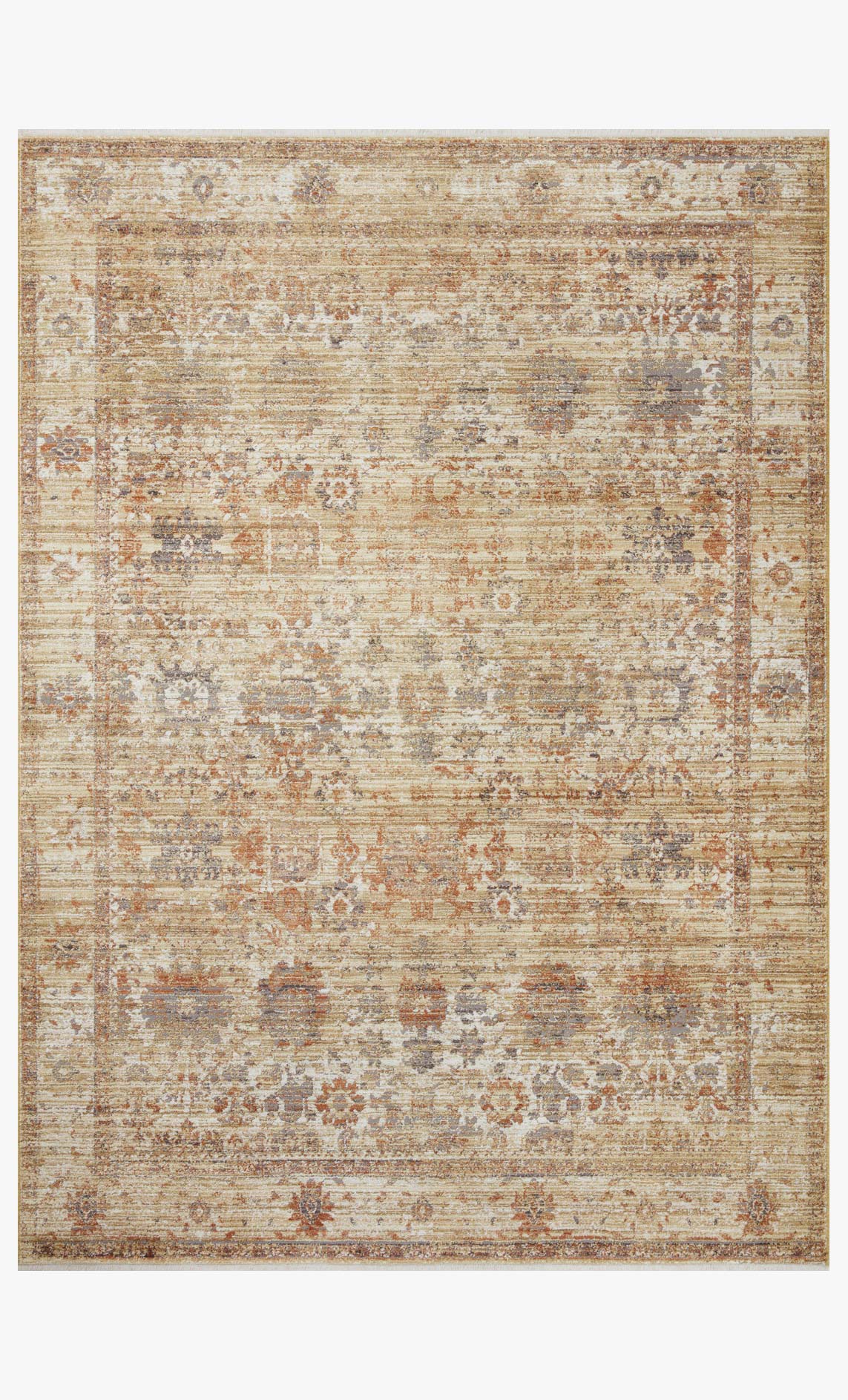 Traditional power-loomed rug, distressed geometric pattern in beige with rust and teal accents