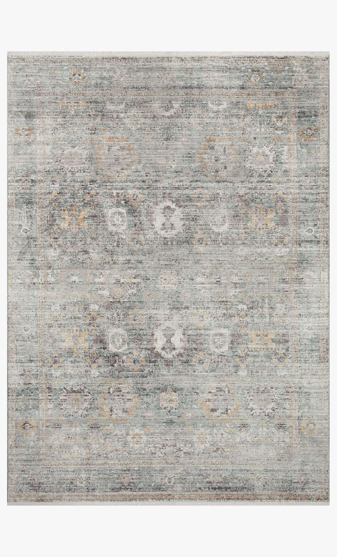 Teal and gold traditional power-loomed rug with distressed geometric pattern.