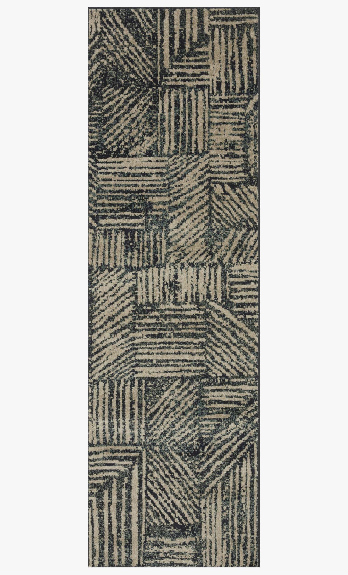 Rectangular midnight and taupe rug with patchwork of geometric blocks