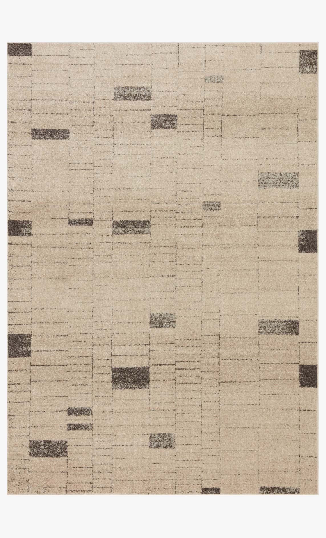Slate and taupe power-loomed rug with geometric block pattern and textured finish