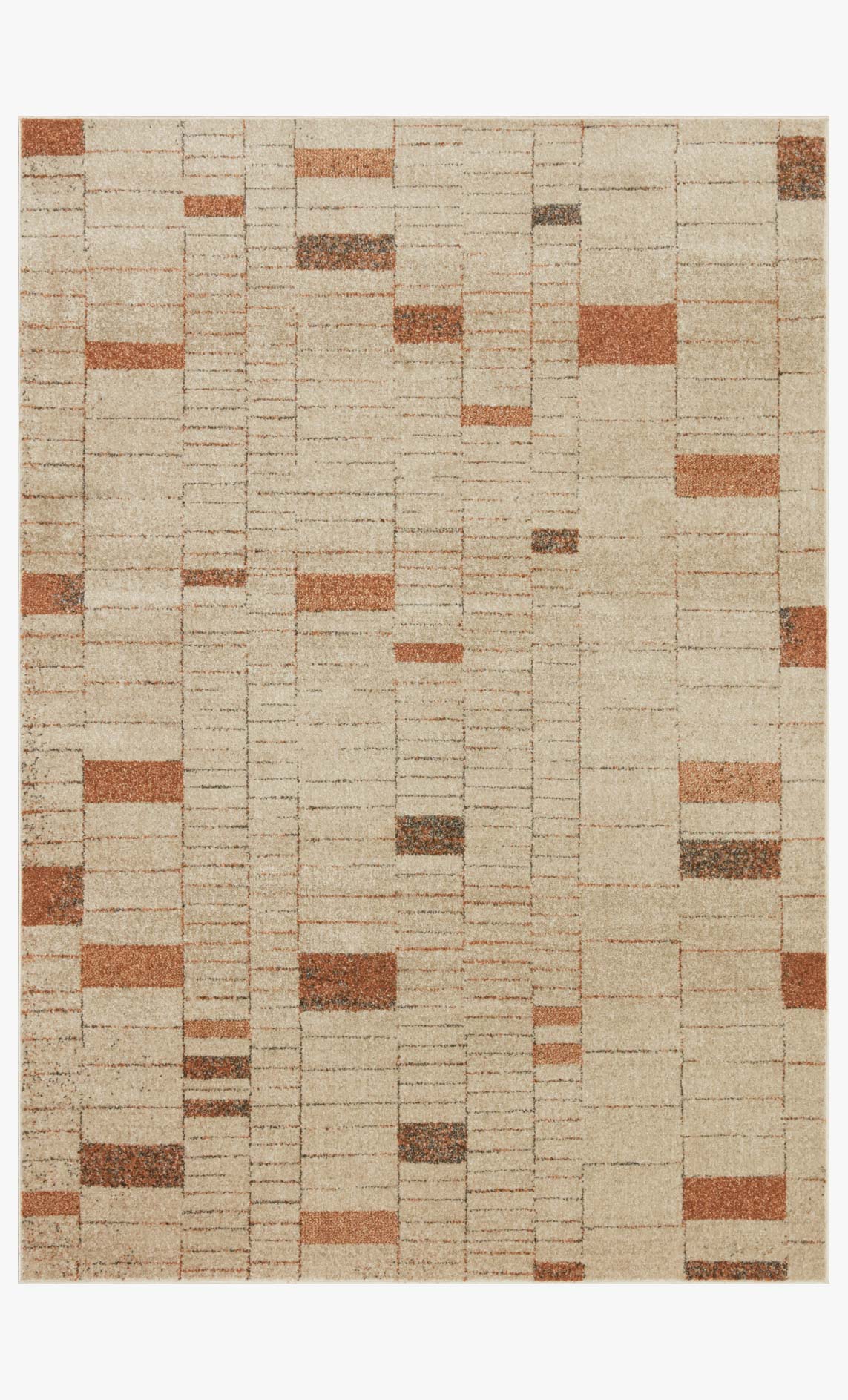 Tangerine and taupe abstract block patterned rug on cream, rectangular and textured