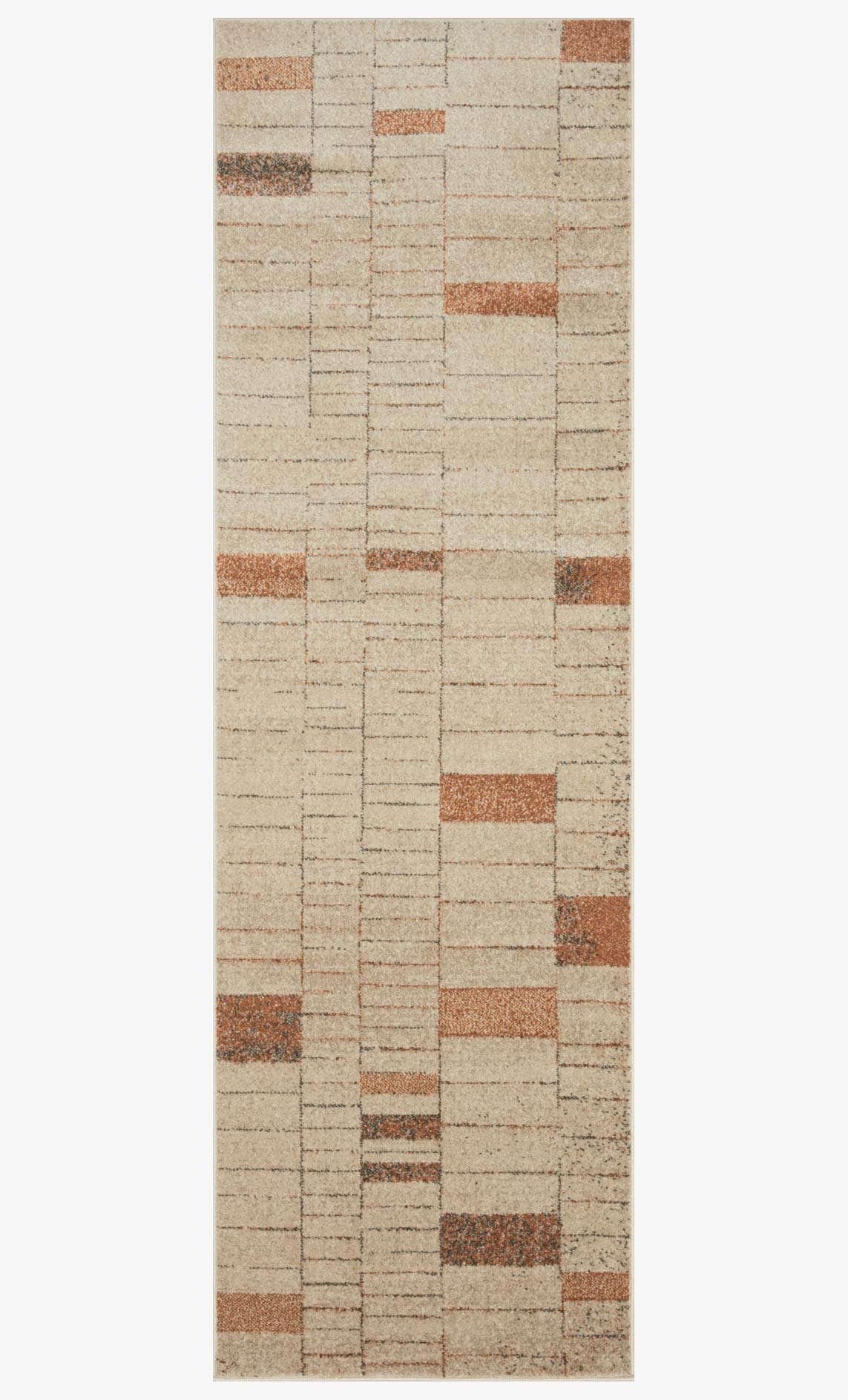 Rectangular tangerine and taupe rug with abstract block pattern on cream ground