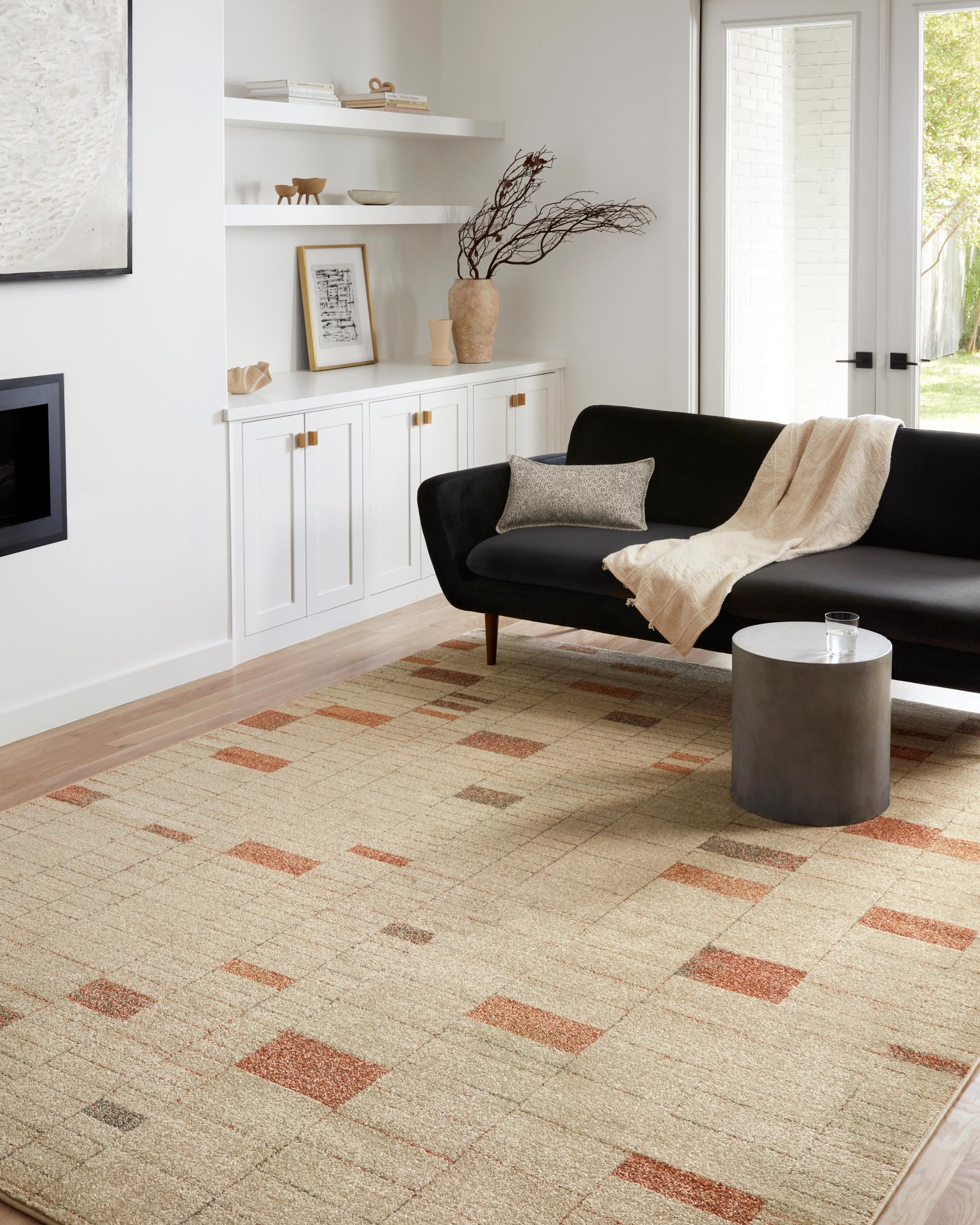 Tangerine and taupe contemporary rug with abstract block pattern and textured pile