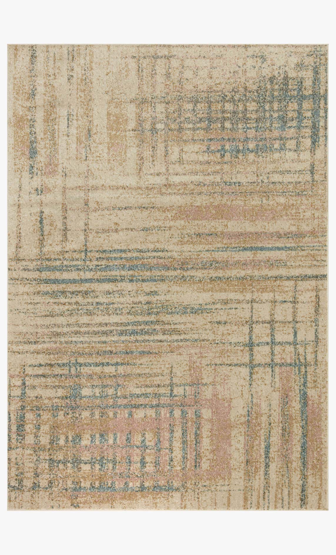 Beige abstract power-loomed rug with teal and muted rust bands and lines.