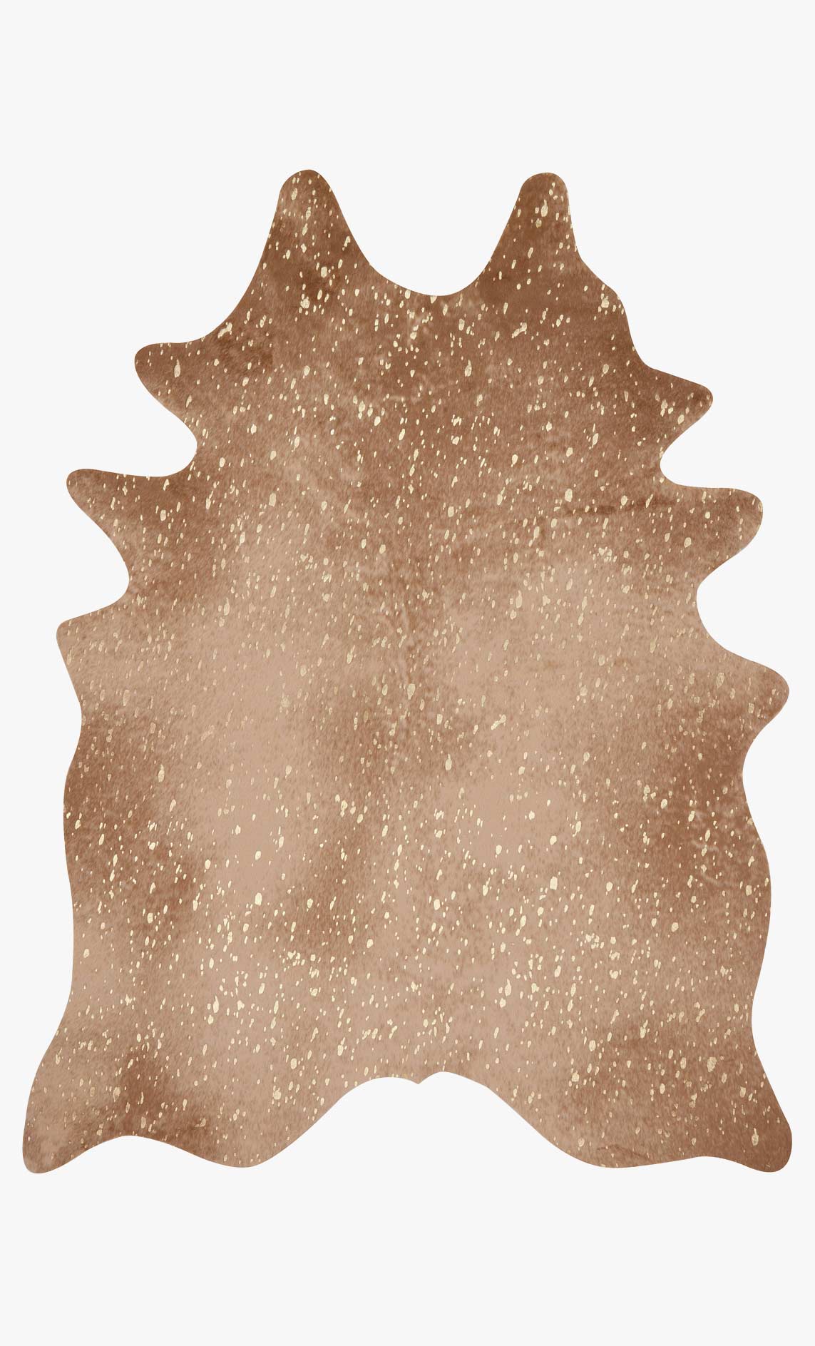 Tan hide-shaped rug with dense gold speckled pattern and scalloped edges