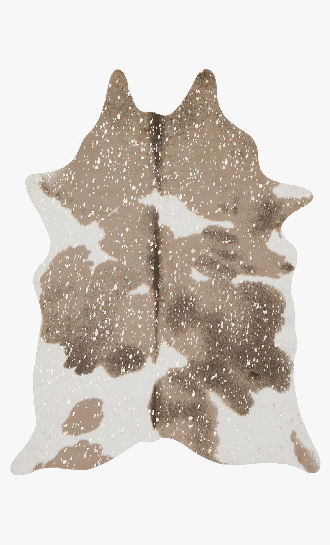 Cowhide-shaped rug in taupe with champagne speckles and abstract blotches