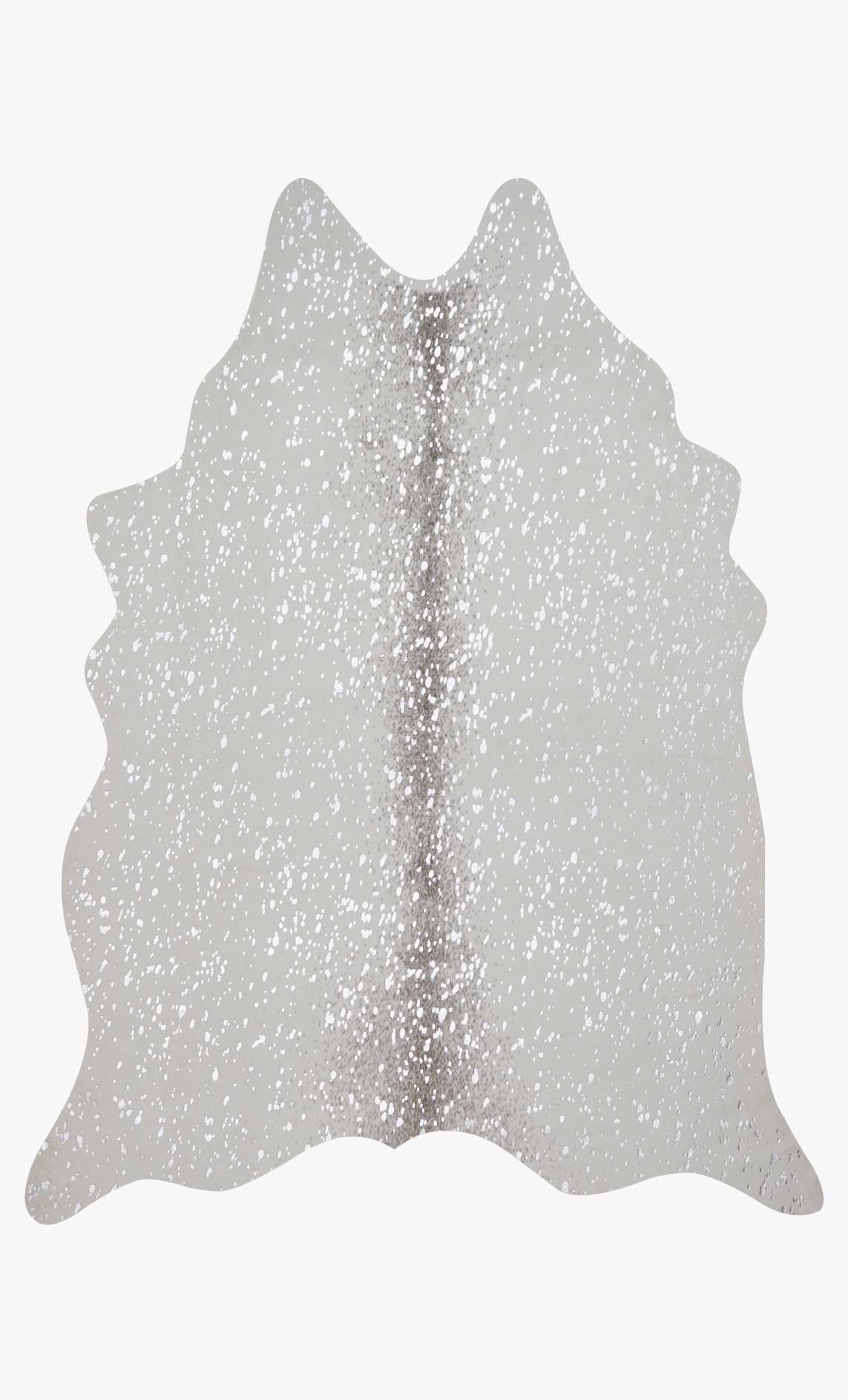 Contemporary power-loomed rug with irregular hide shape, light gray speckles and silver pattern