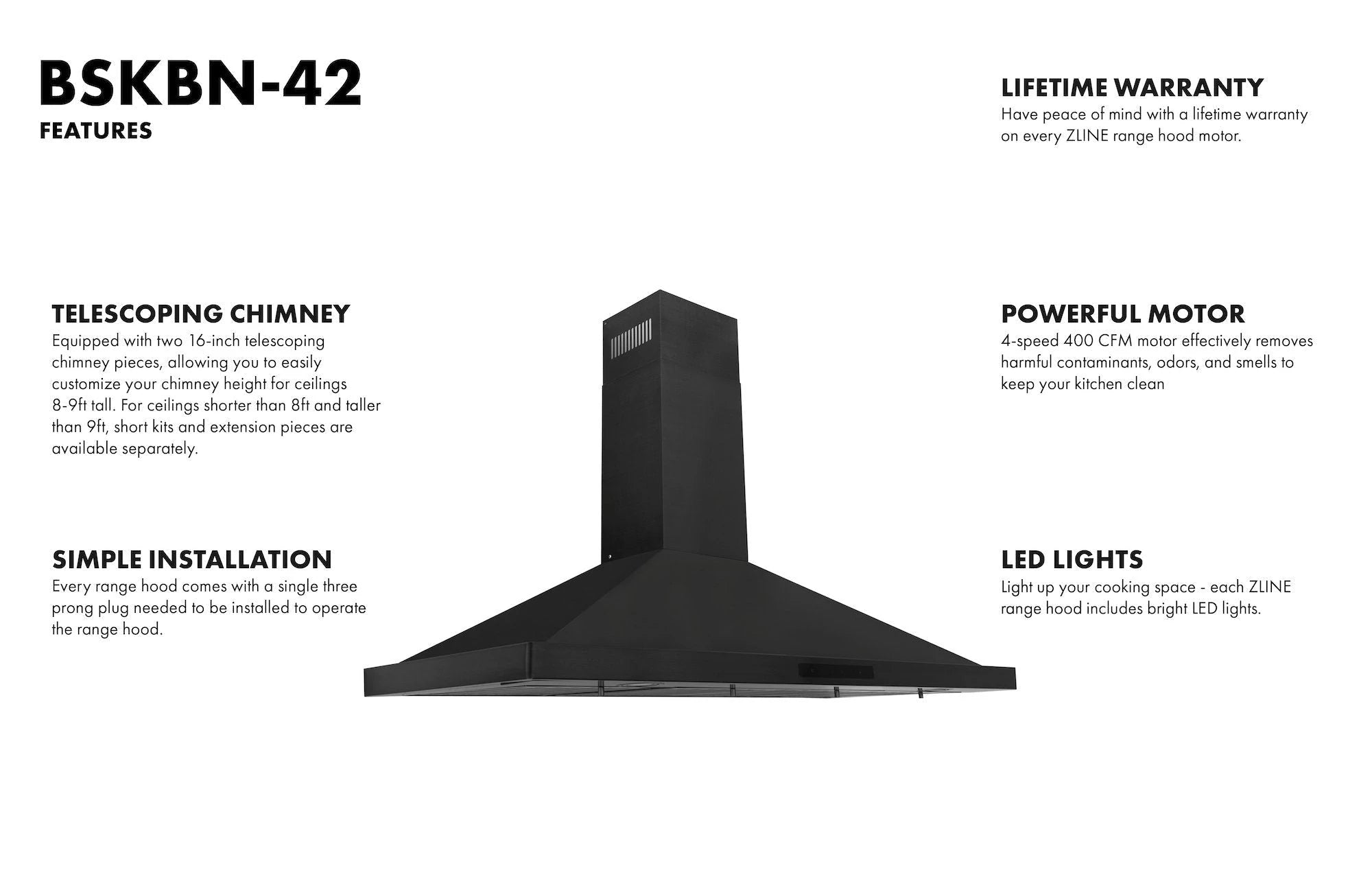 BSKBN-42 range hood features graphic showing telescoping chimney, LED lights, and motor