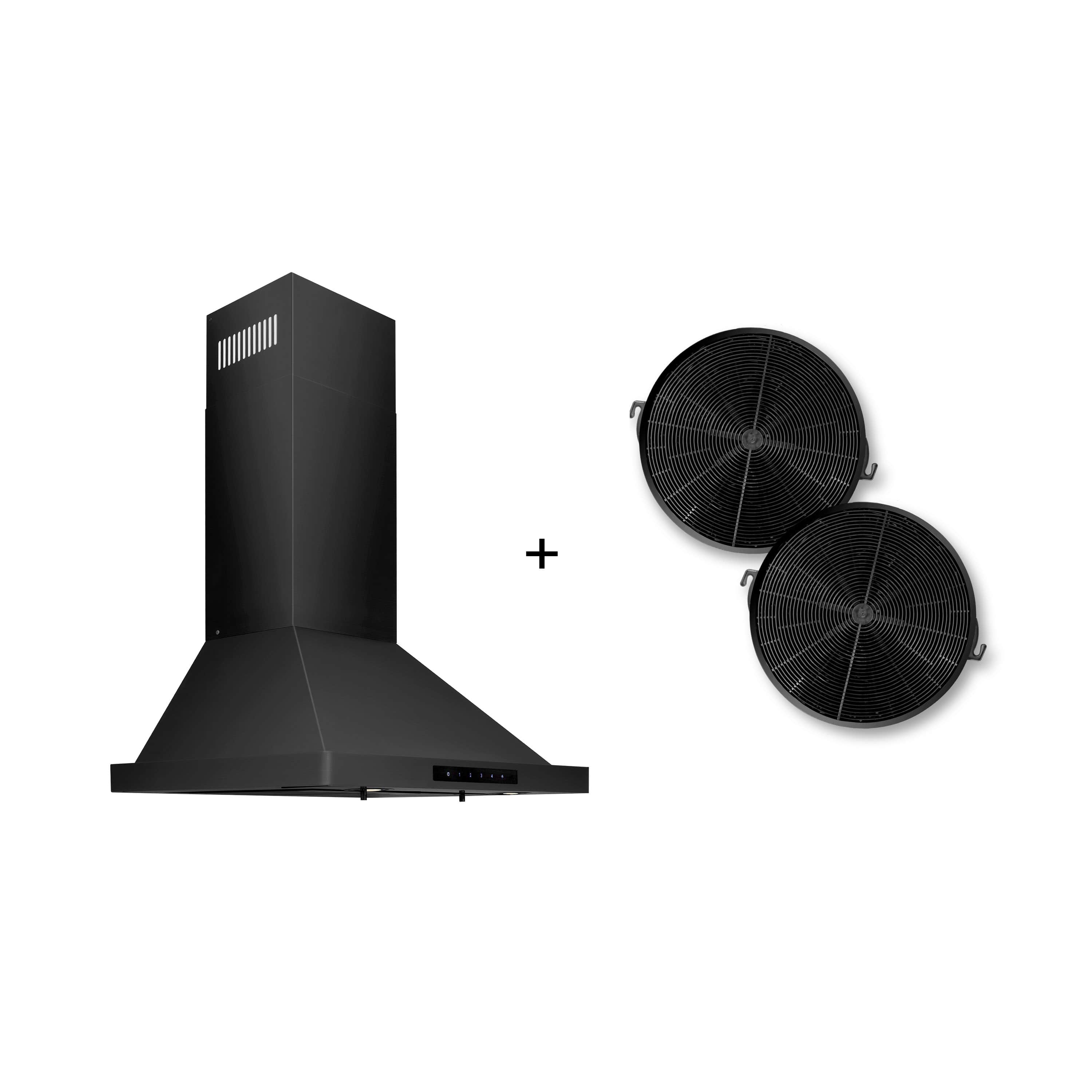 ZLINE convertible wall mount range hood, black finish with two charcoal filters