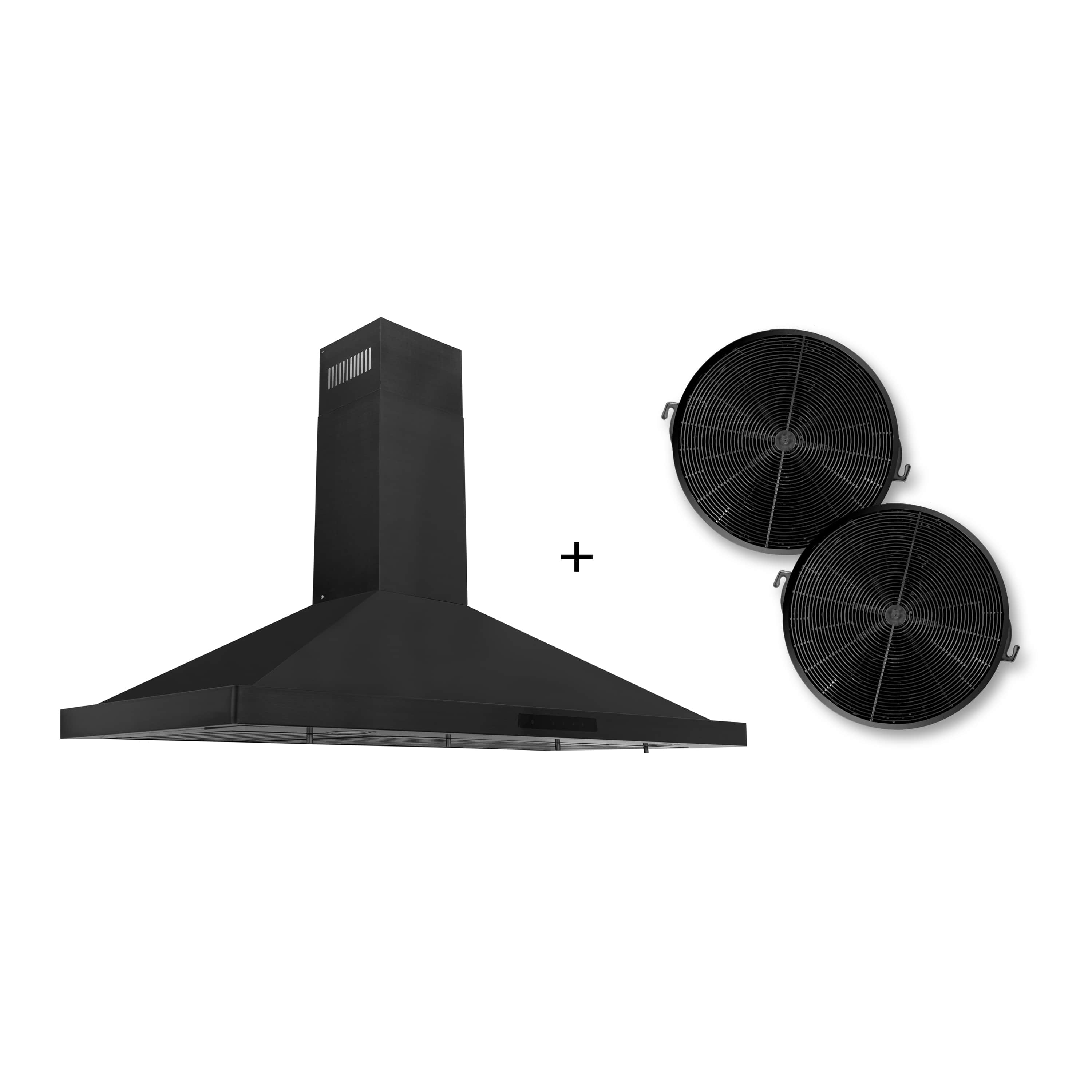 Black stainless steel wall mount range hood with two charcoal filter grilles
