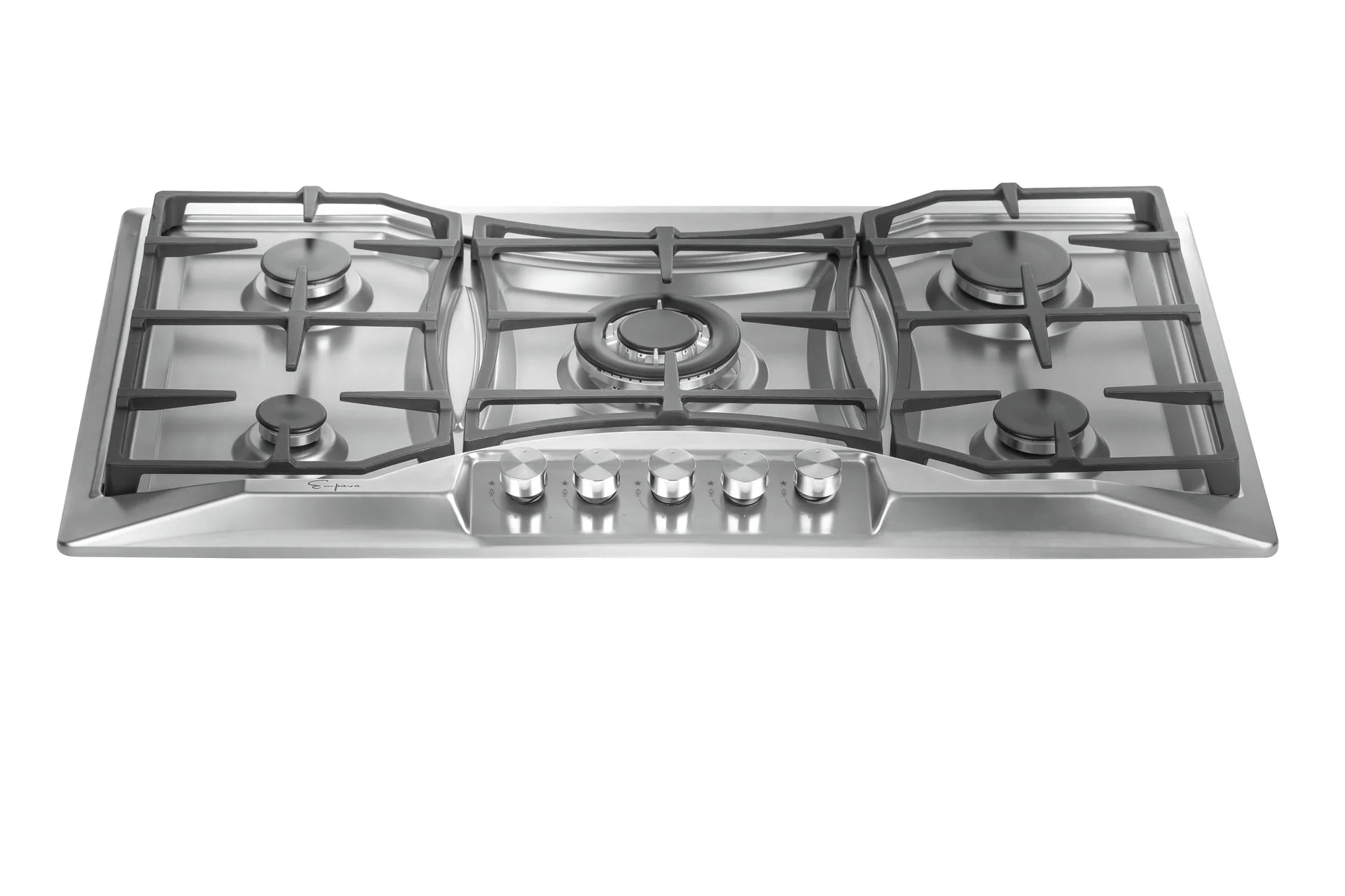 Stainless steel built-in gas cooktop with five burners, center cap, control knob bar
