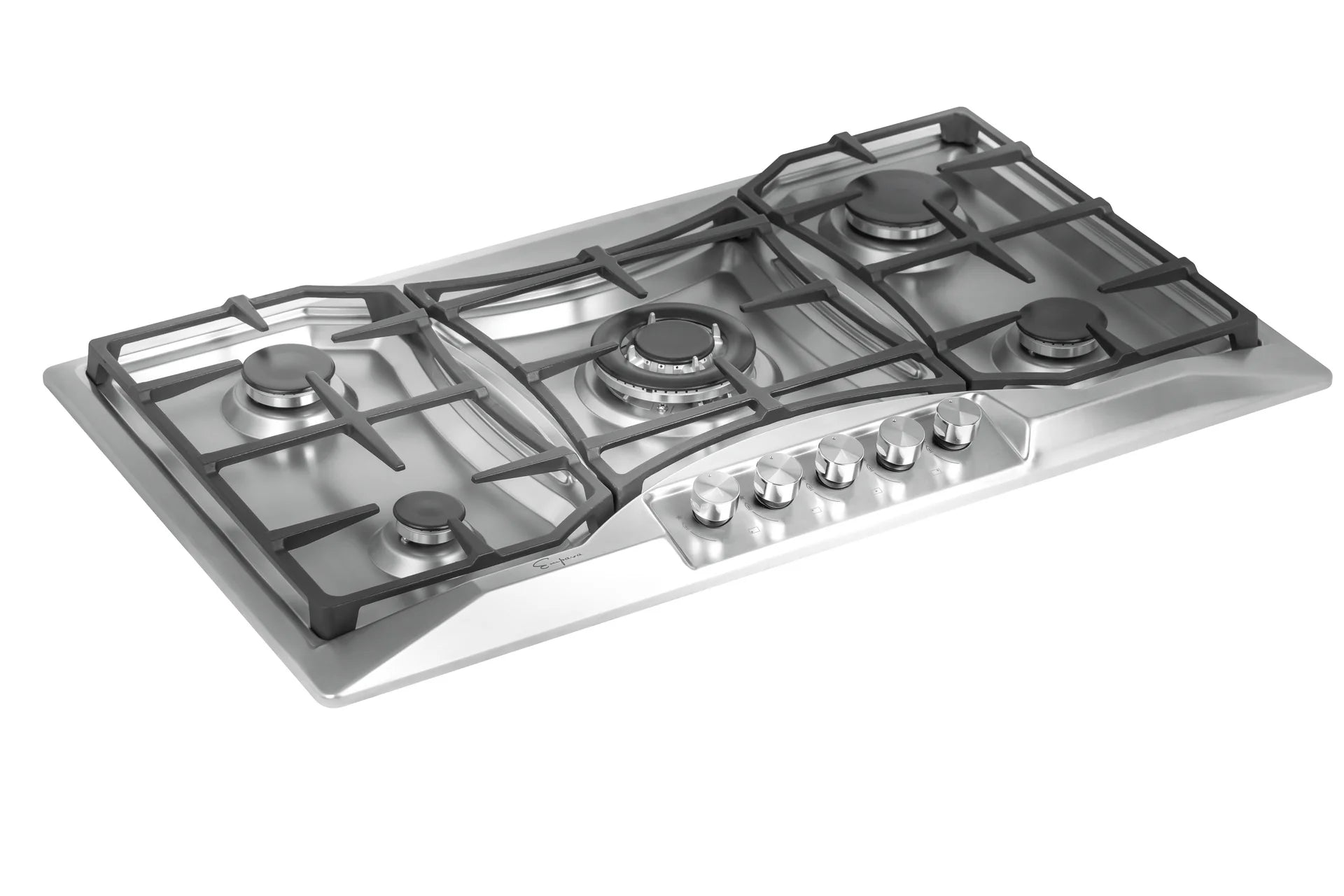 Stainless steel built-in gas cooktop with five burners and continuous cast-iron grates