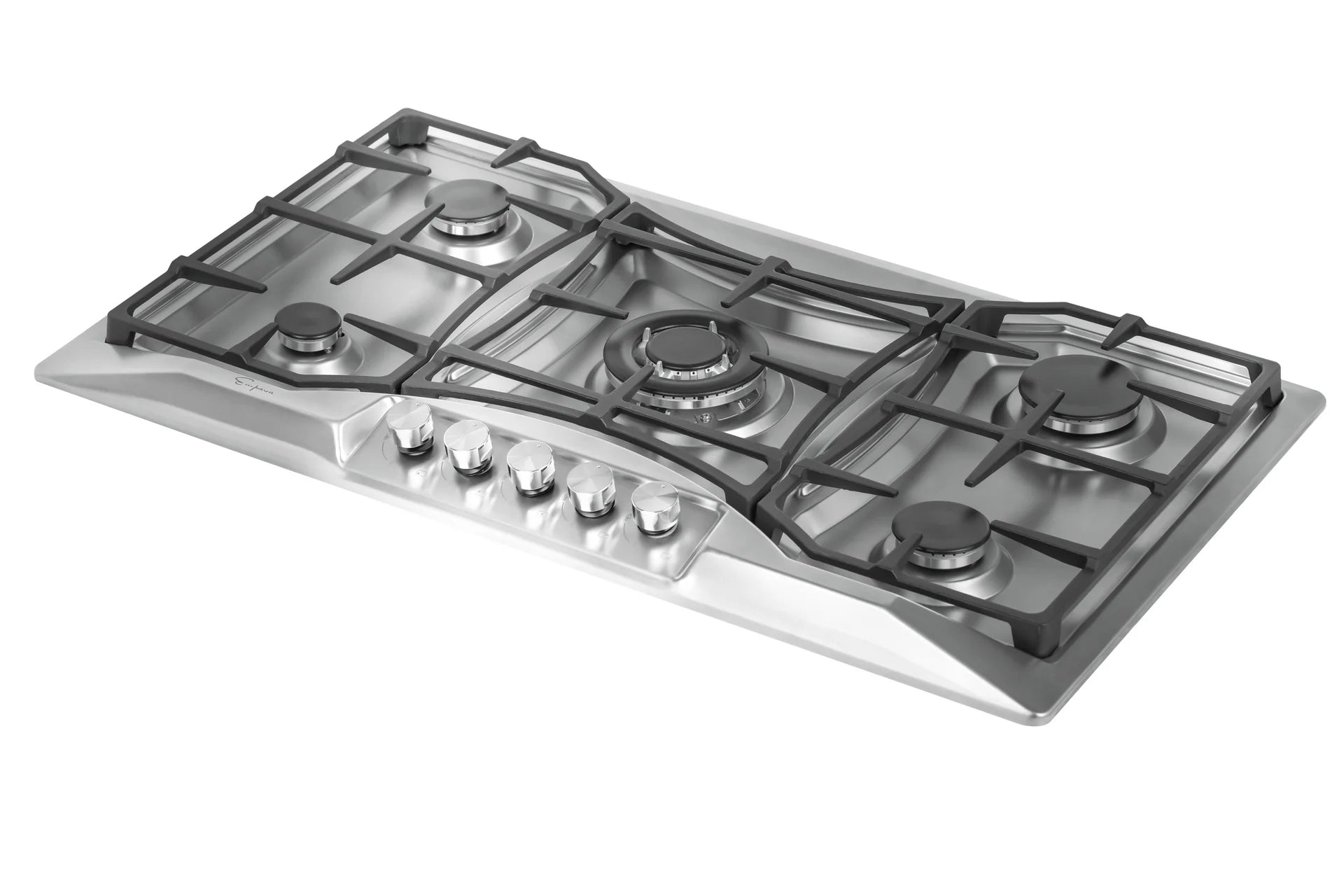 Stainless steel gas cooktop with five burners, front control knobs row, cast-iron grates