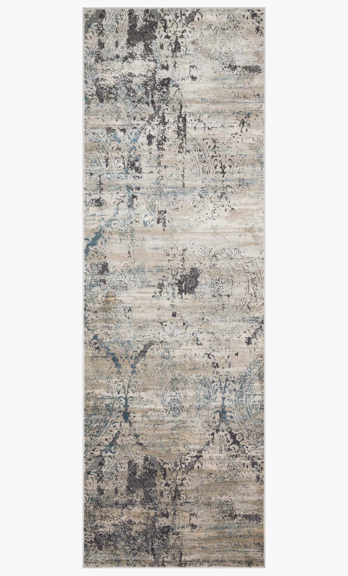 Rectangular power-loomed rug with beige, taupe and blue abstract distressed design