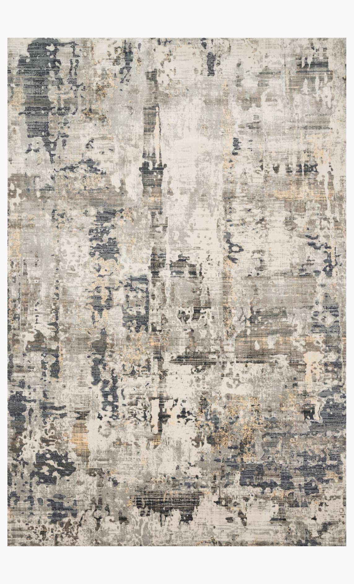 Rectangular ivory rug with layered distressed abstract design in navy and gray.