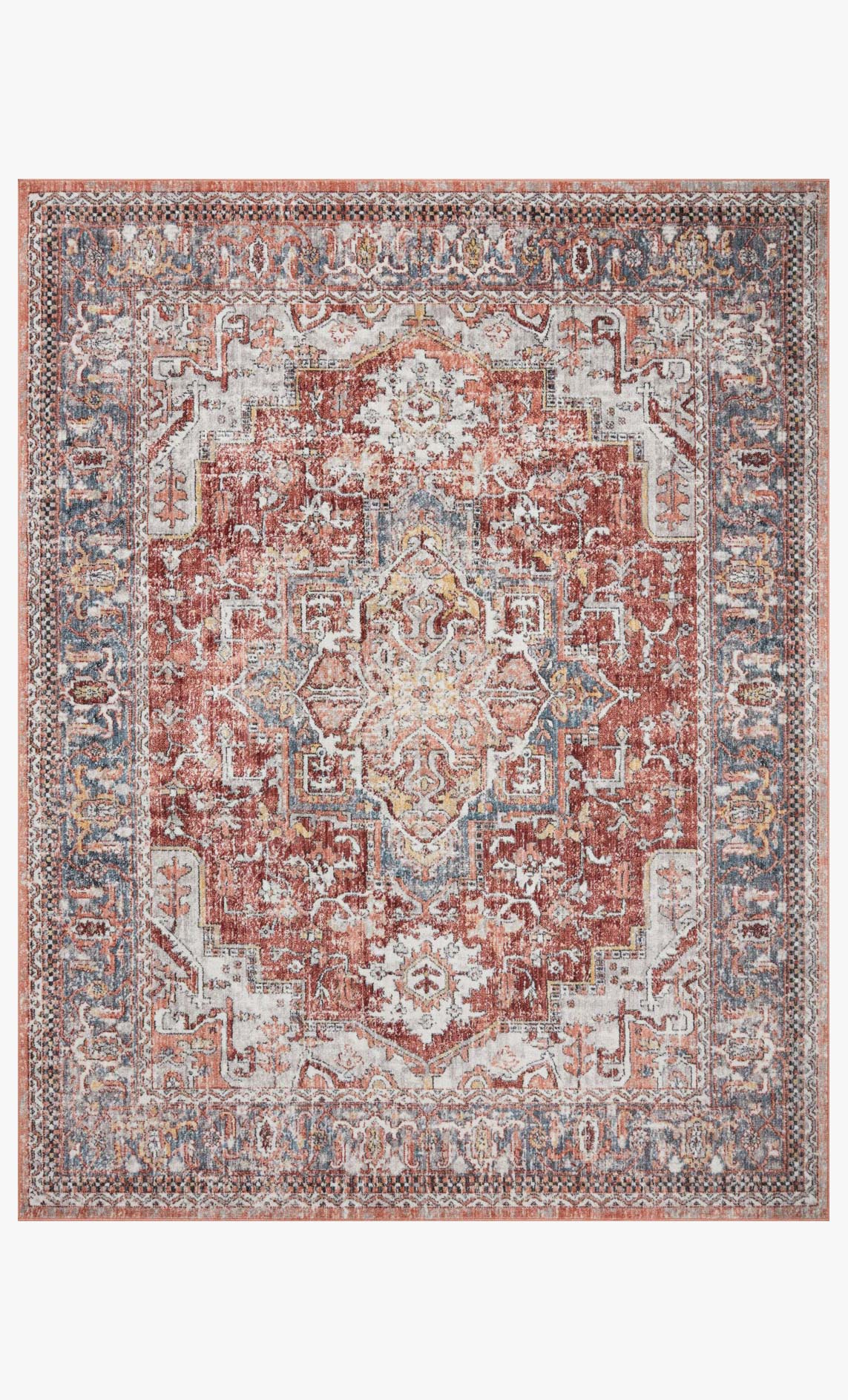 Rust, blue and ivory traditional rug with ornate medallion and border pattern