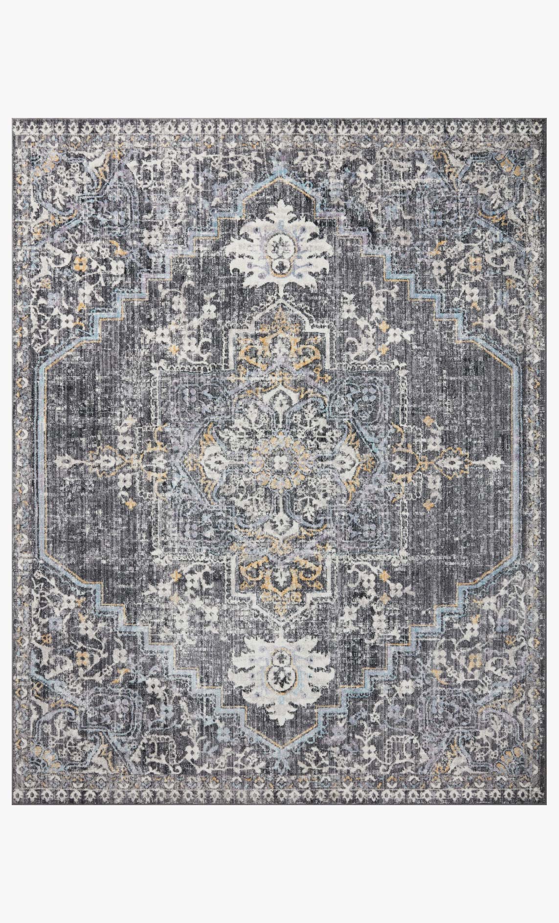 Charcoal and gold traditional rug with central medallion pattern, full view