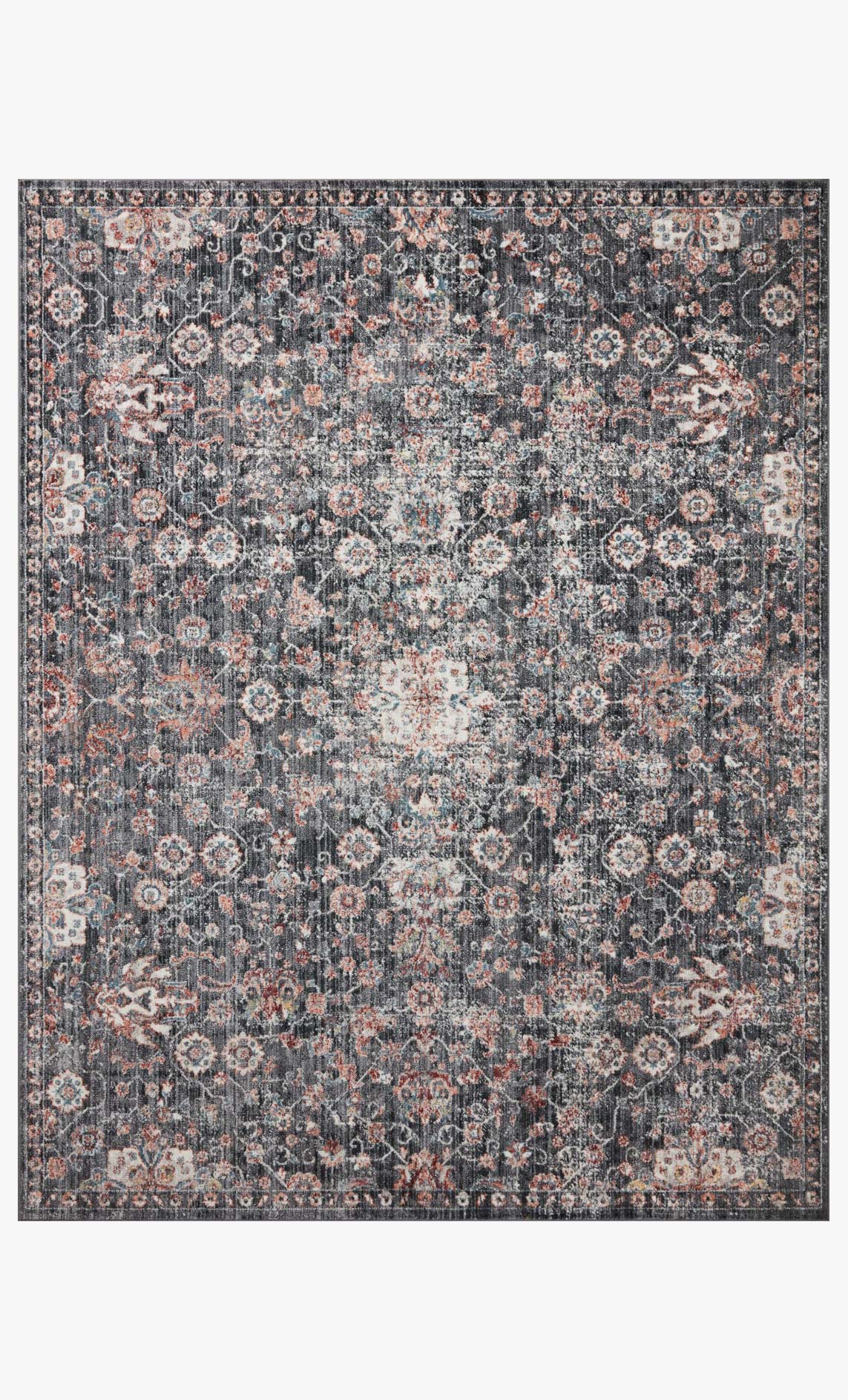 Traditional power-loomed rug with charcoal ground and ornate medallion pattern, rust accents