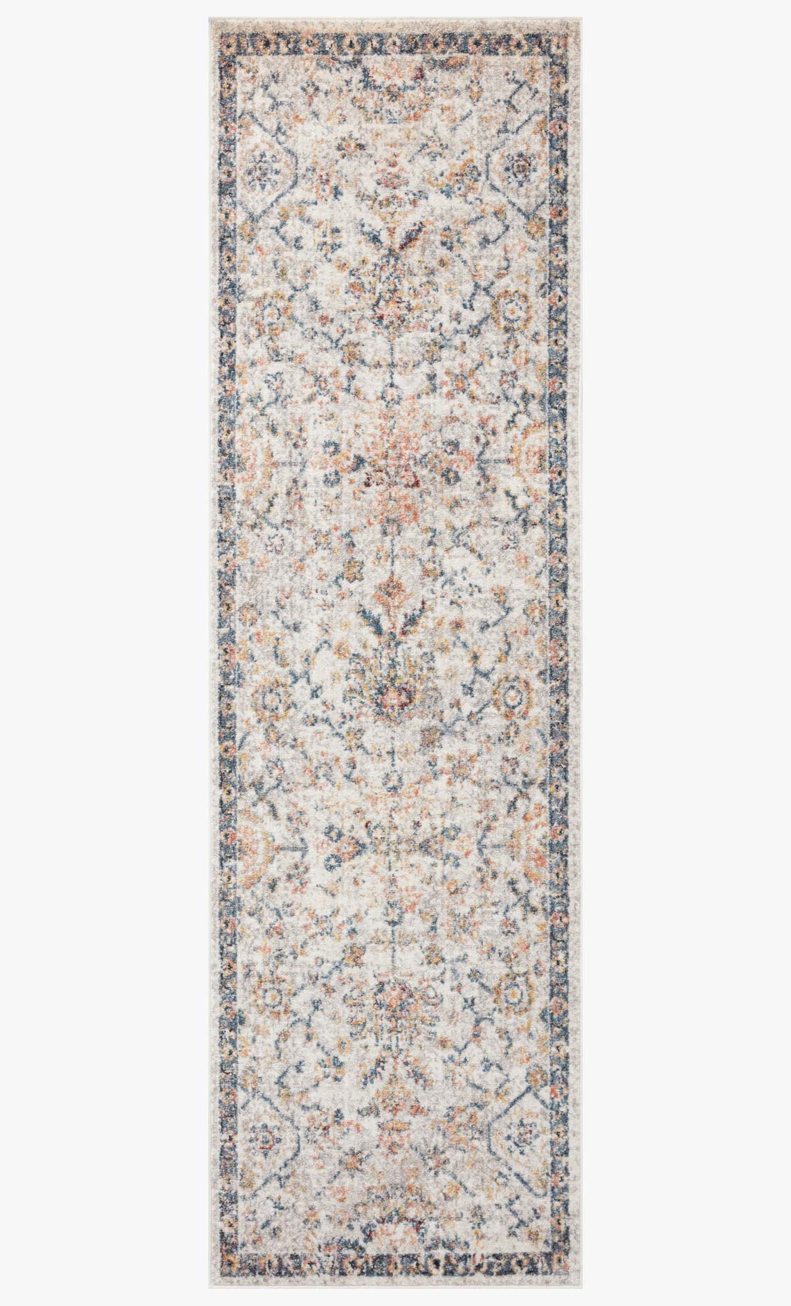 Rectangular rug with light dove ground, navy border, and dense vintage floral ornament