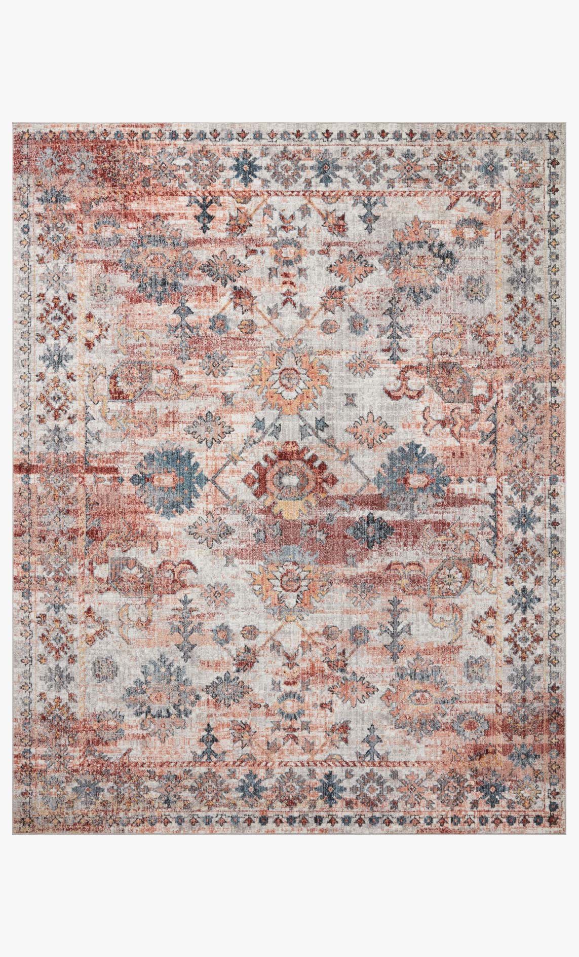 Traditional area rug with rust, blue, and ivory distressed medallion pattern, border edges.