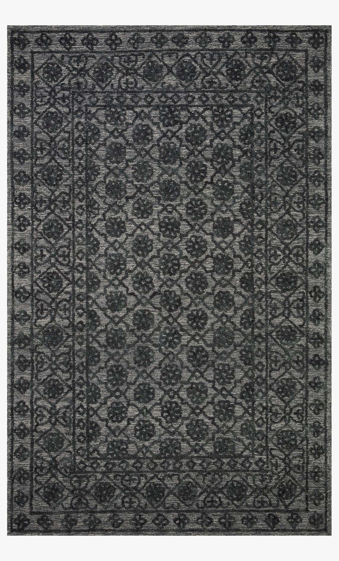 Contemporary hand-tufted area rug with dark gray and smoke geometric medallion pattern