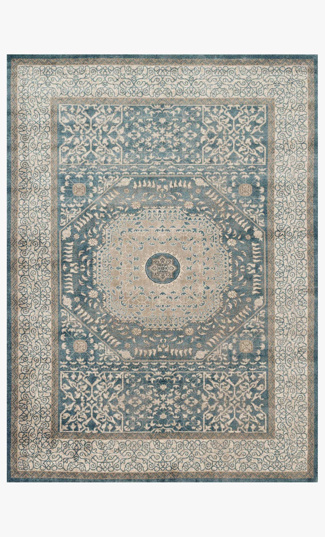 Blue and sand transitional power-loomed rug with ornate border and central medallion.