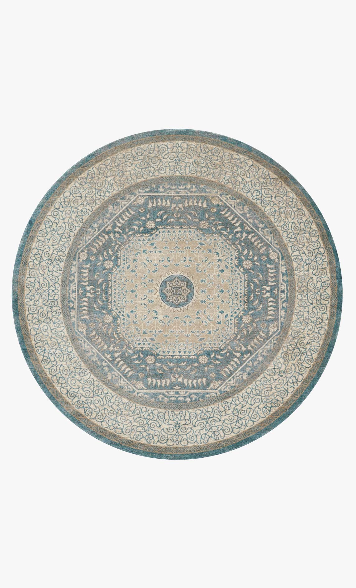 Round blue and sand patterned rug with central medallion and ornate border.