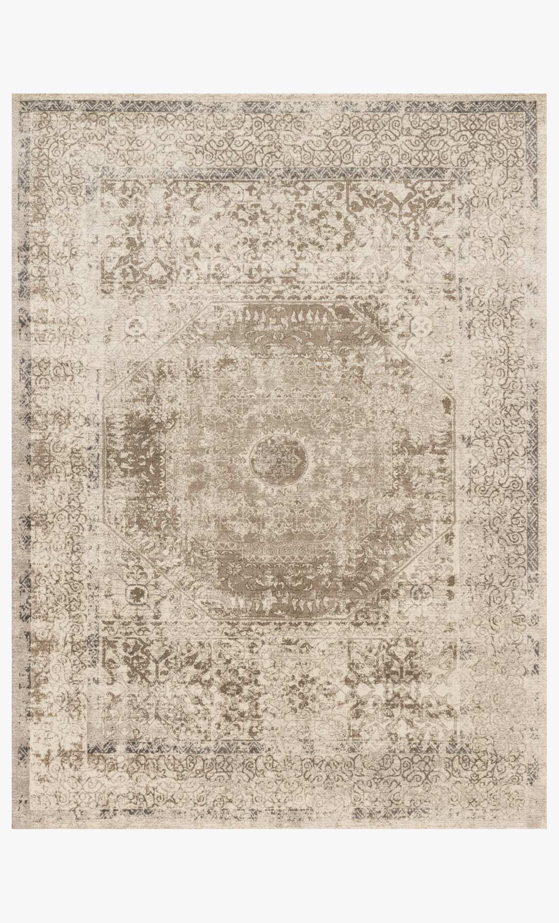 Transitional power-loomed rug with distressed medallion pattern, taupe and sand tones