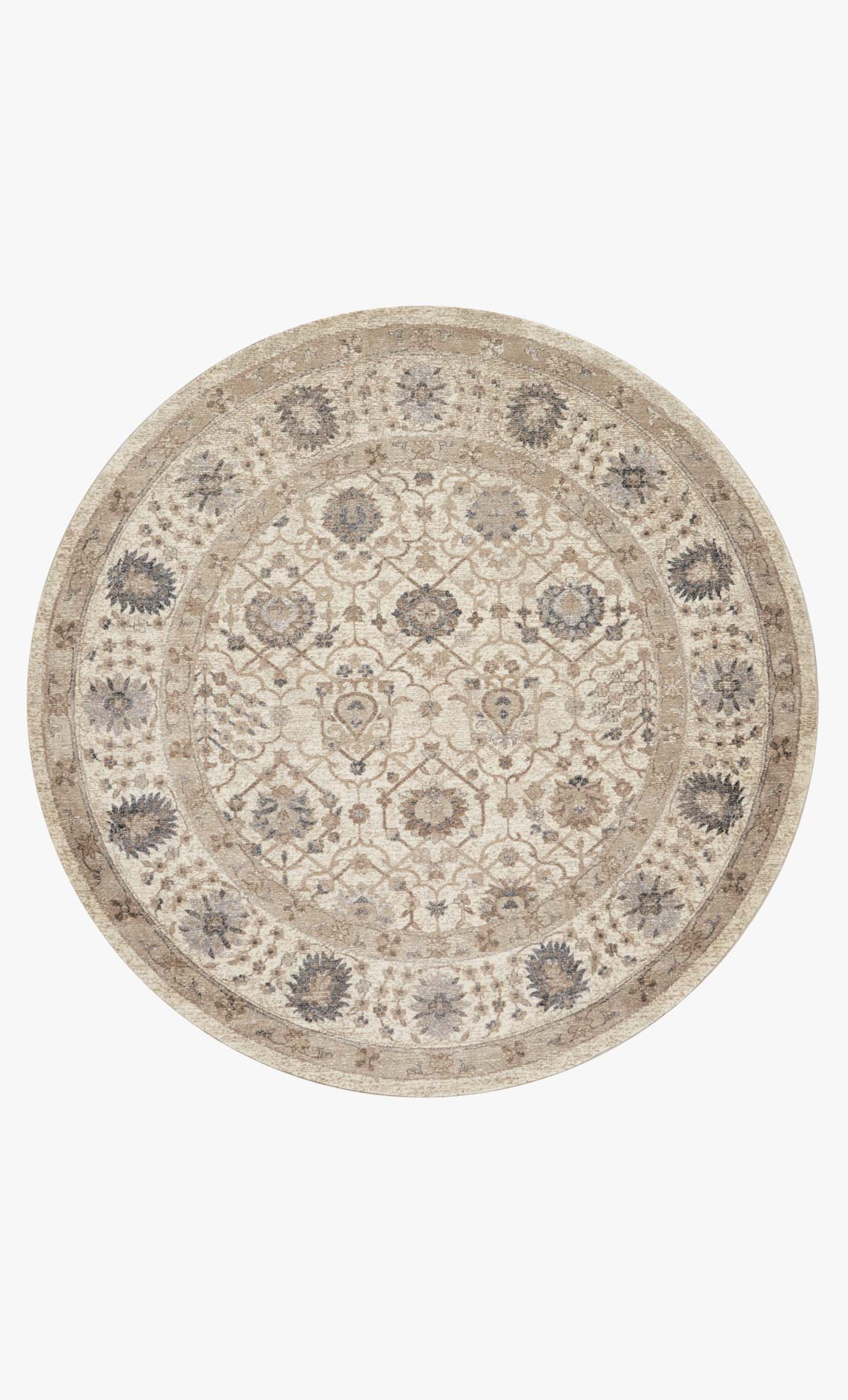 Round sand power-loomed rug with central medallion and gray-blue ornamental border