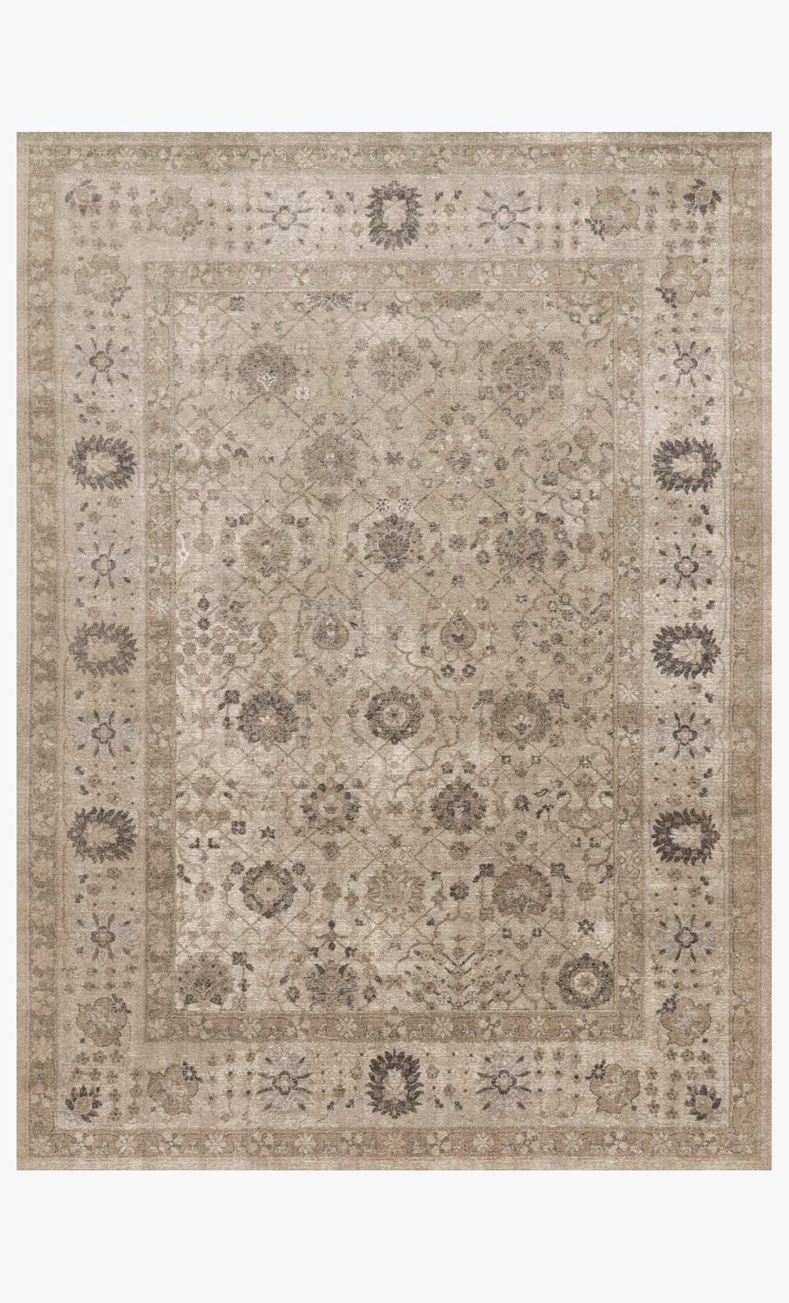 Taupe power-loomed rug with ornate geometric border and central medallion