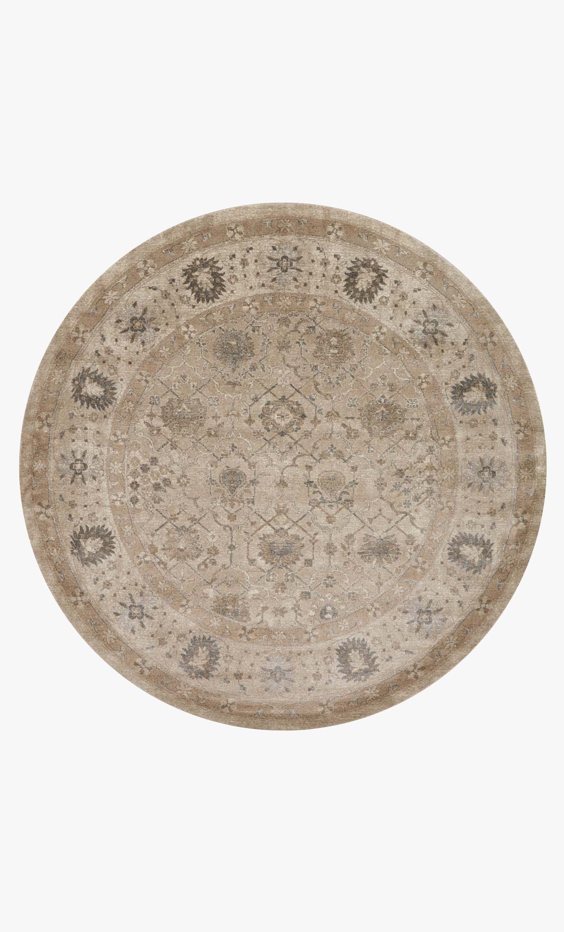 Taupe power-loomed round rug with concentric geometric medallion and outer ring