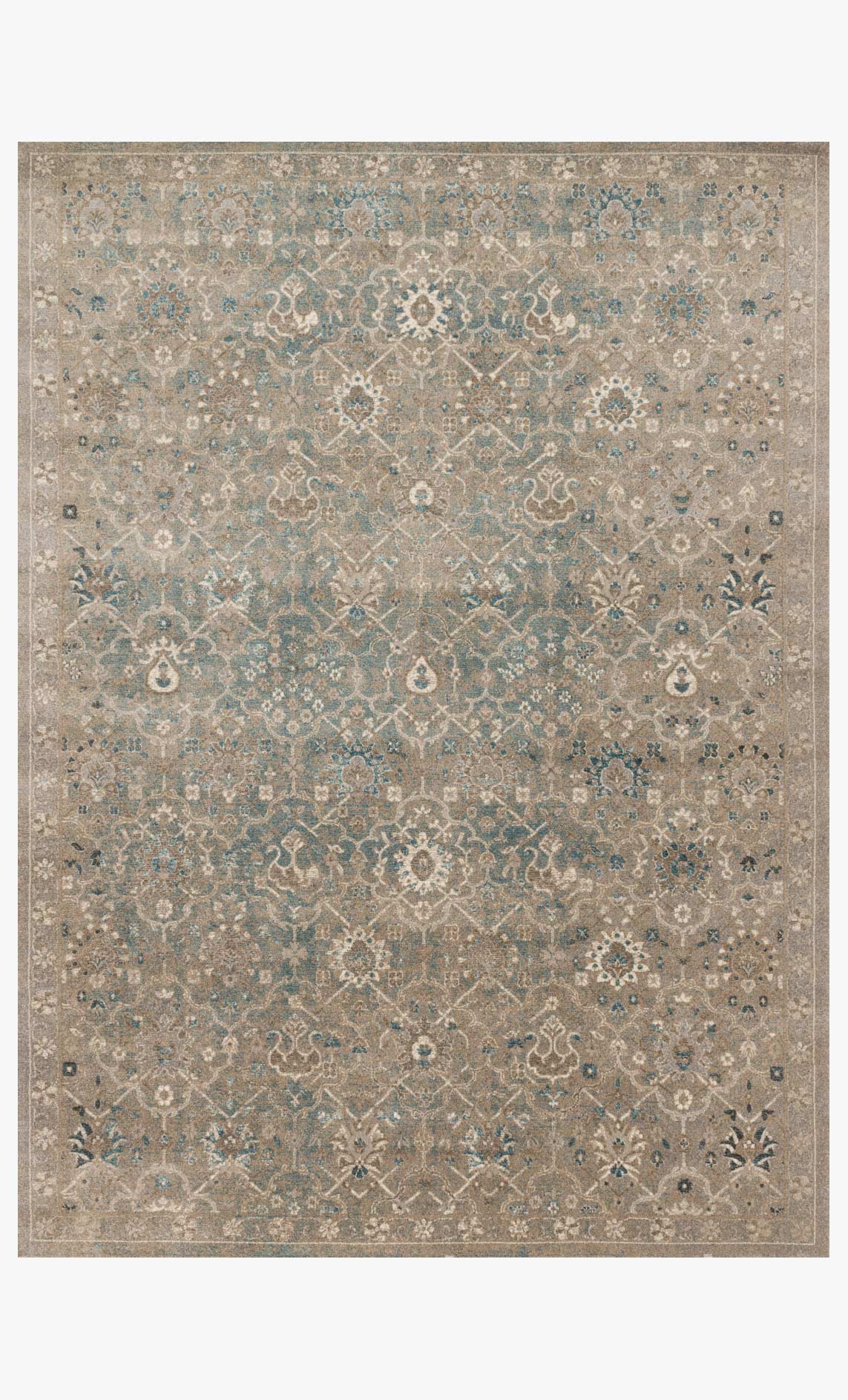 Transitional power-loomed area rug with ornate medallion pattern, blue-gray on beige