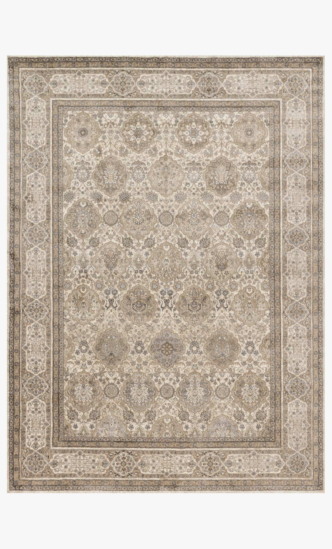 Sand and taupe power-loomed area rug with ornate medallion and patterned border