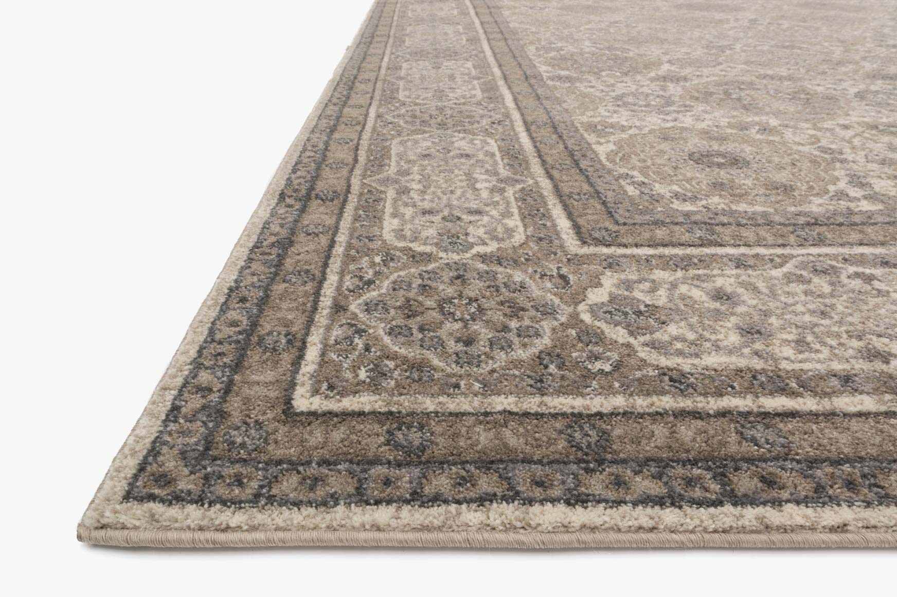 Sand and taupe patterned rug edge with ornate border and textured power-loomed pile