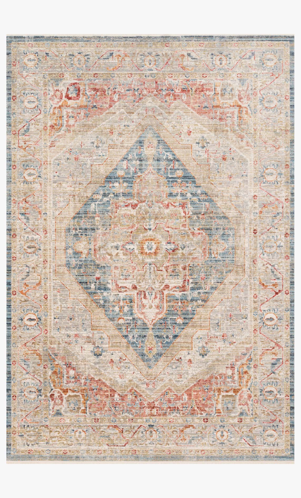 Traditional power-loomed rug with diamond medallion pattern, blue and terracotta on ivory